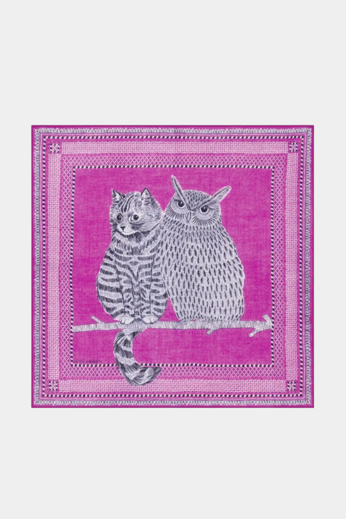 The Copper Shed Square 70 purple wool scarf featuring a detailed illustration of a cat and owl perched on a branch.