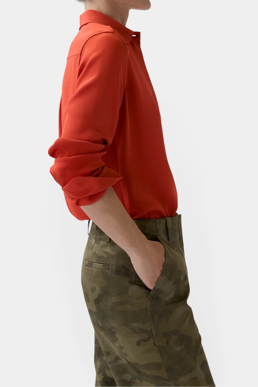 The Copper Shed classic red silk crepe de chine blouse with a point collar and mother-of-pearl buttons