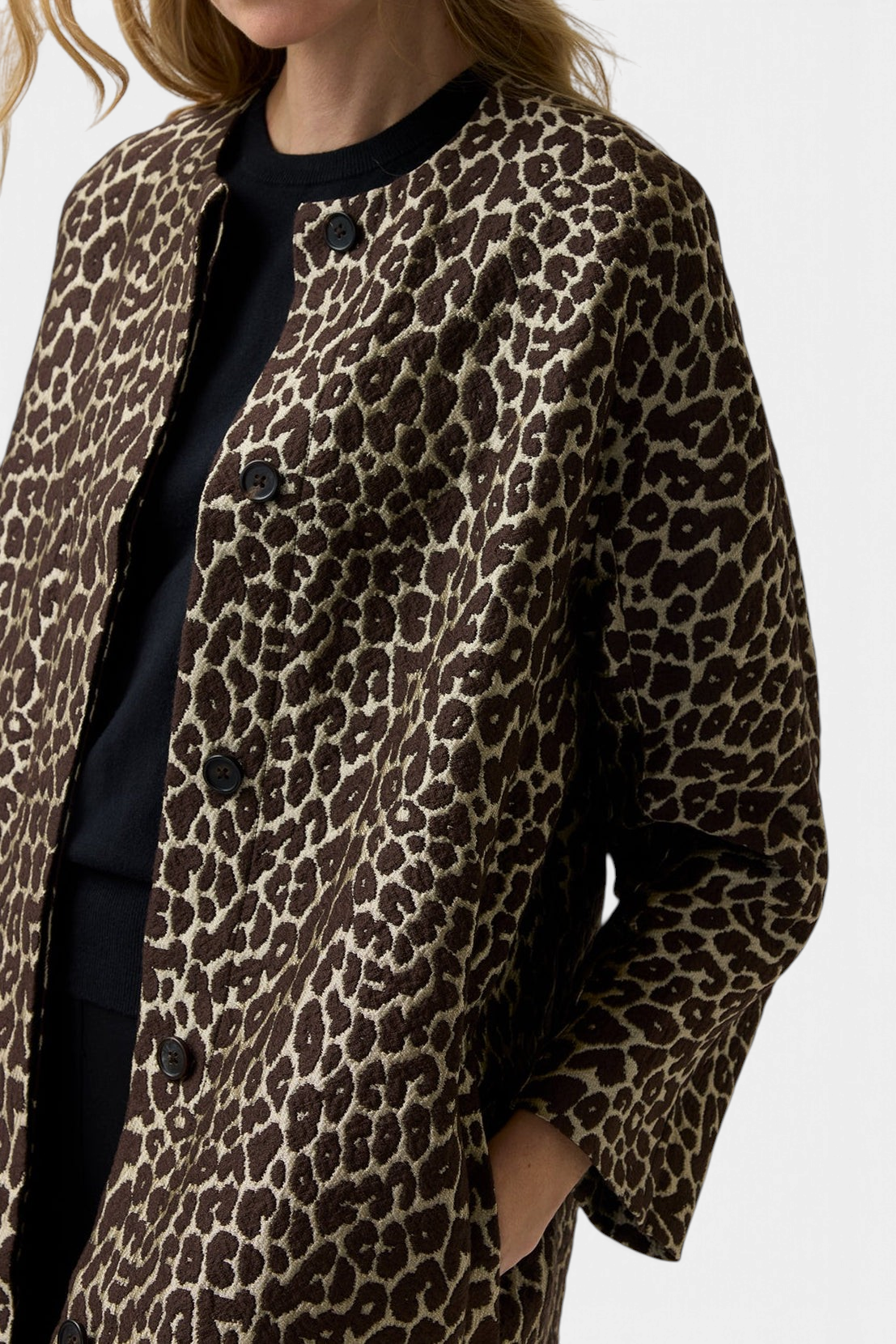 The Copper Shed Reed evening coat in shimmery brown and black leopard print Italian jacquard with a jewel-neck collar