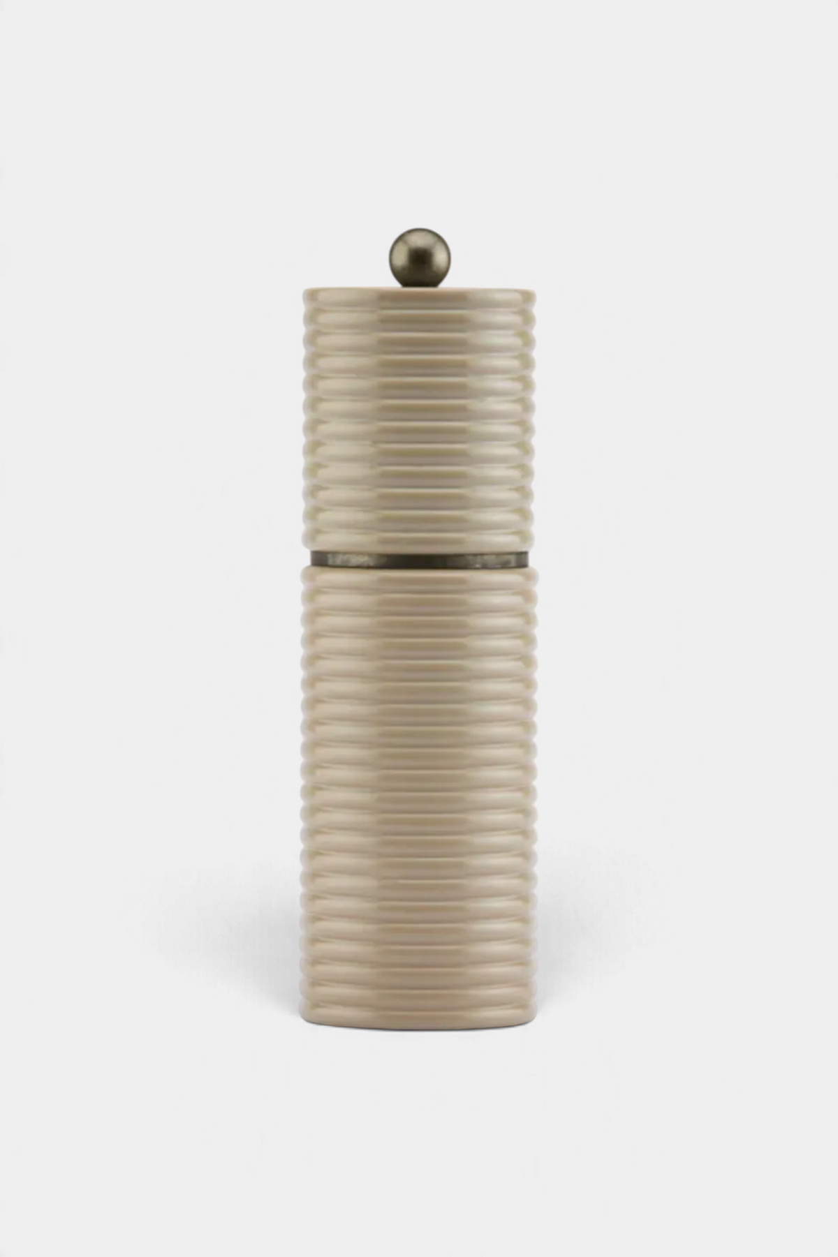 The Copper Shed Sophie Paterson Reed 7-inch salt or pepper mill in ribbed beige wood with antique brass trim.