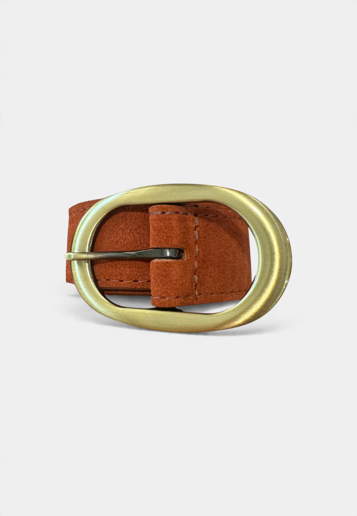 The Copper Shed classic belt in brown suede leather with an antique elongated oval brass buckle
