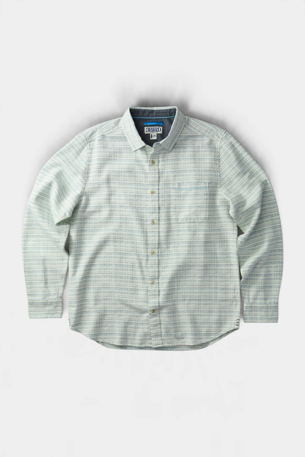 The Copper Shed Saltaire shirt in light blue and white organic brushed cotton dobby with a chest pocket and buttons.