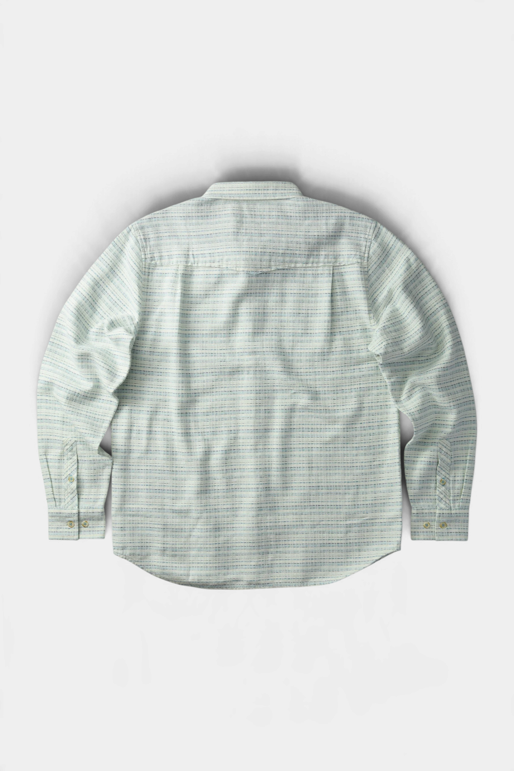 The Copper Shed Saltaire shirt in light blue and white organic brushed cotton dobby with a relaxed fit back view.