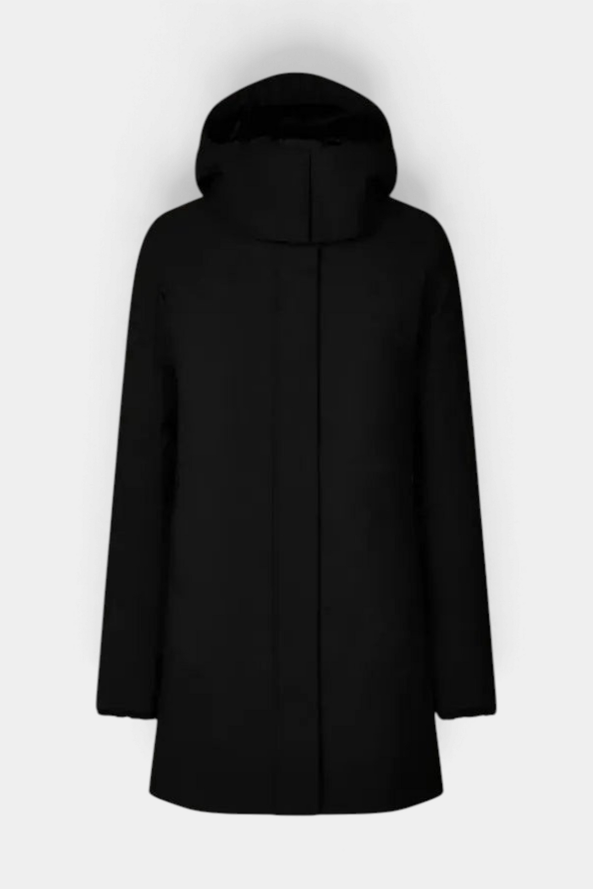 The Copper Shed Samantah Parker jacket in black with a slim fit, hood, and minimalist design.
