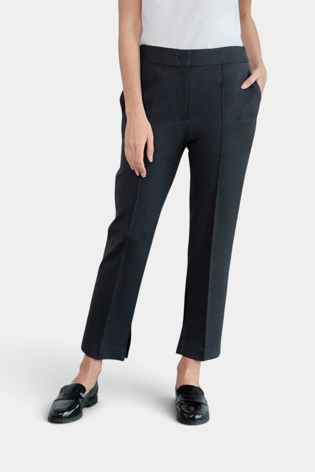 The Copper Shed Sandy tapered ponte pants in charcoal grey with front pintuck detail and side leg slits.