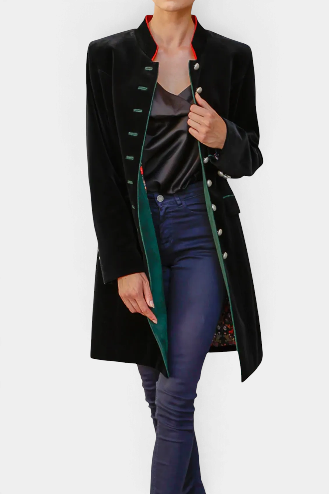 The Copper Shed Selina black velvet Tracht jacket with green trim, floral lining, and silver buttons.