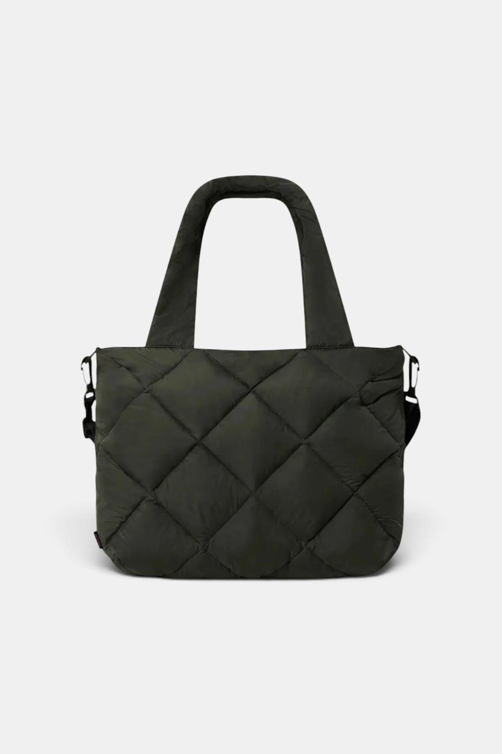 The Copper Shed Sely dark green diamond-quilted crossbody bag with puffy handles and recycled polyester fabric.