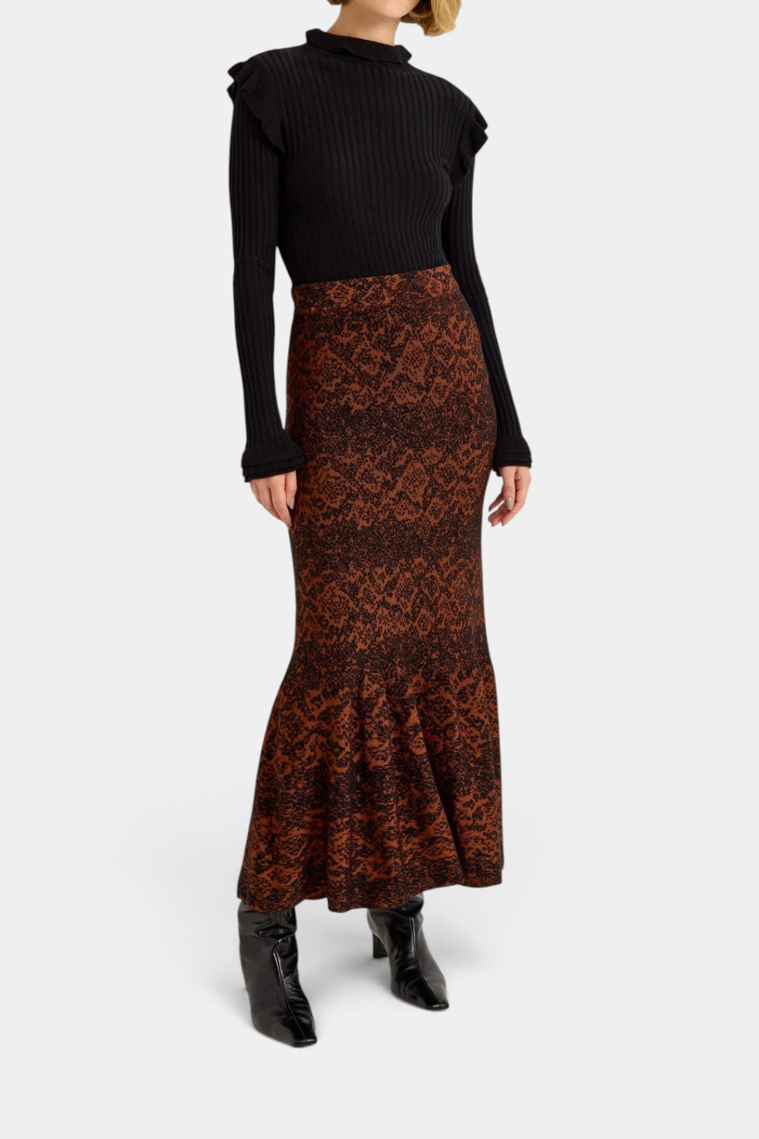 The Copper Shed Shiloh Skirt in a brown and black jacquard print with a fitted silhouette and flared hem