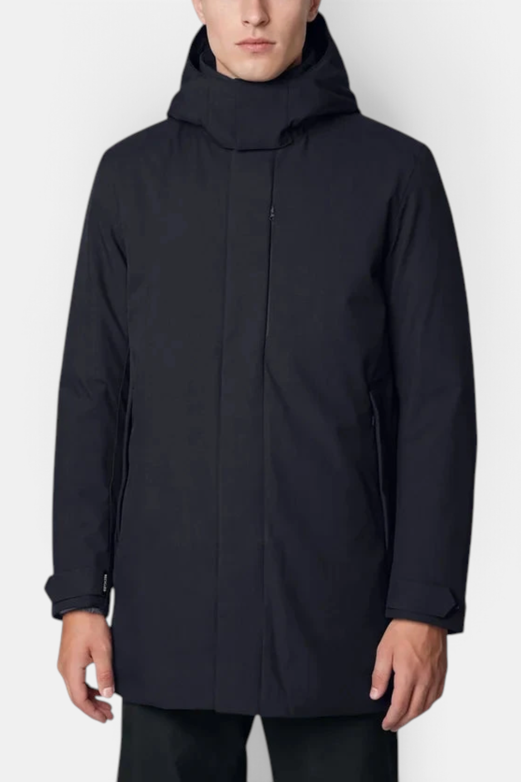 The Copper Shed Sid men's black waterproof hooded jacket with adjustable cuffs and a sleek minimalist design.