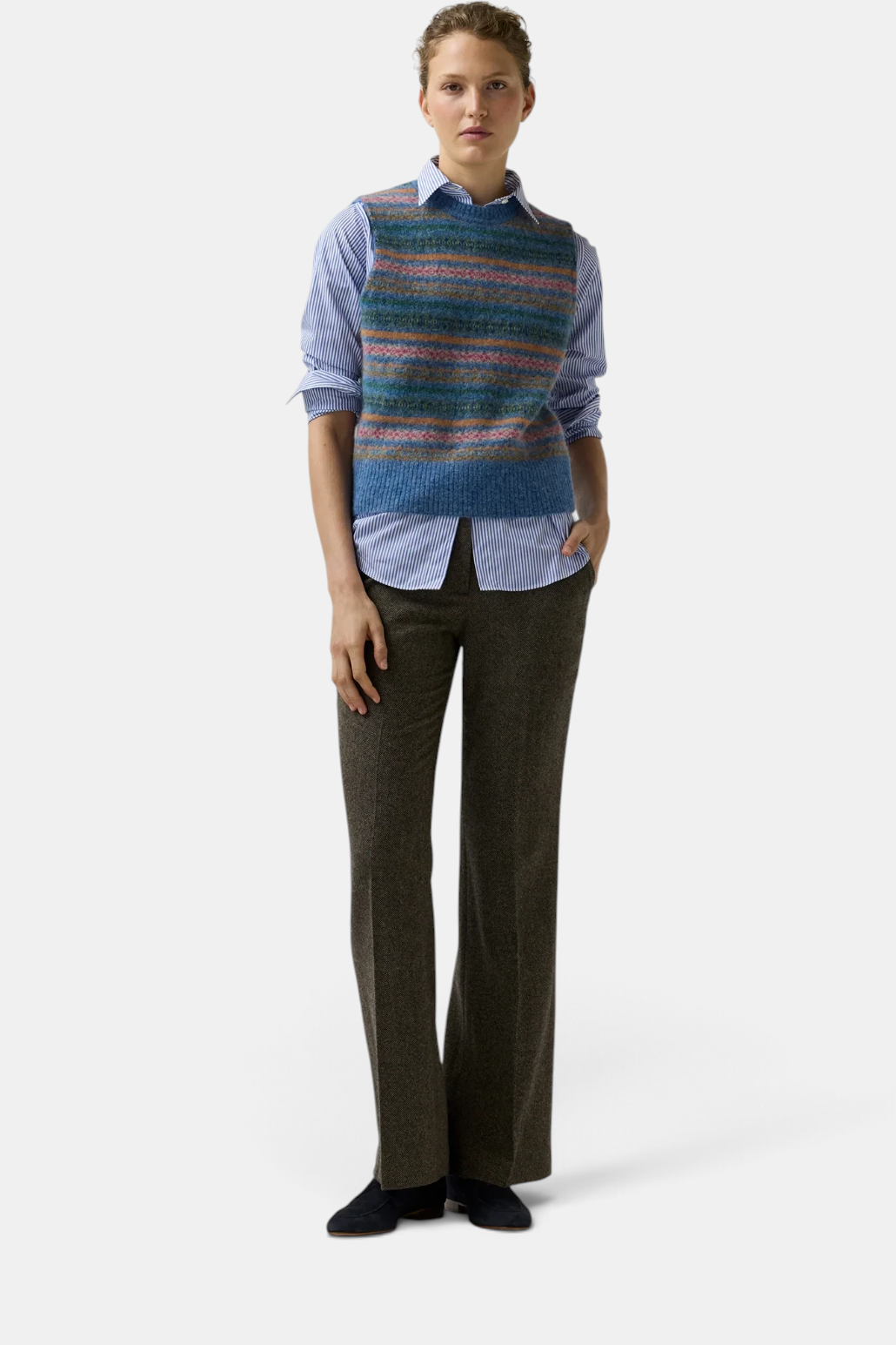 The Copper Shed Silvia Fair Isle vest in brushed alpaca and wool blend with multi-colored horizontal stripe pattern.
