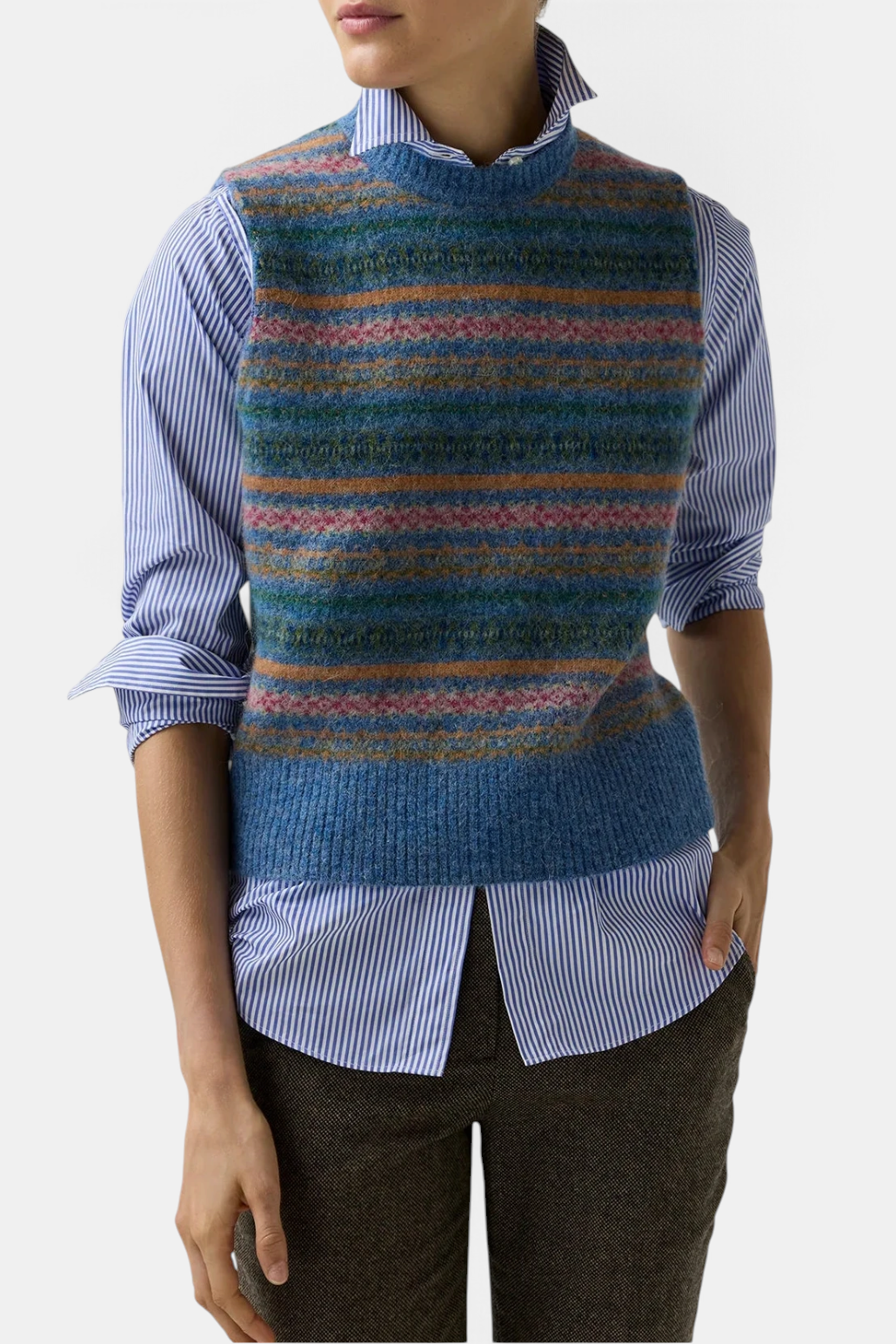 The Copper Shed Silvia Fair Isle sweater vest in blue brushed alpaca wool blend with striped pattern