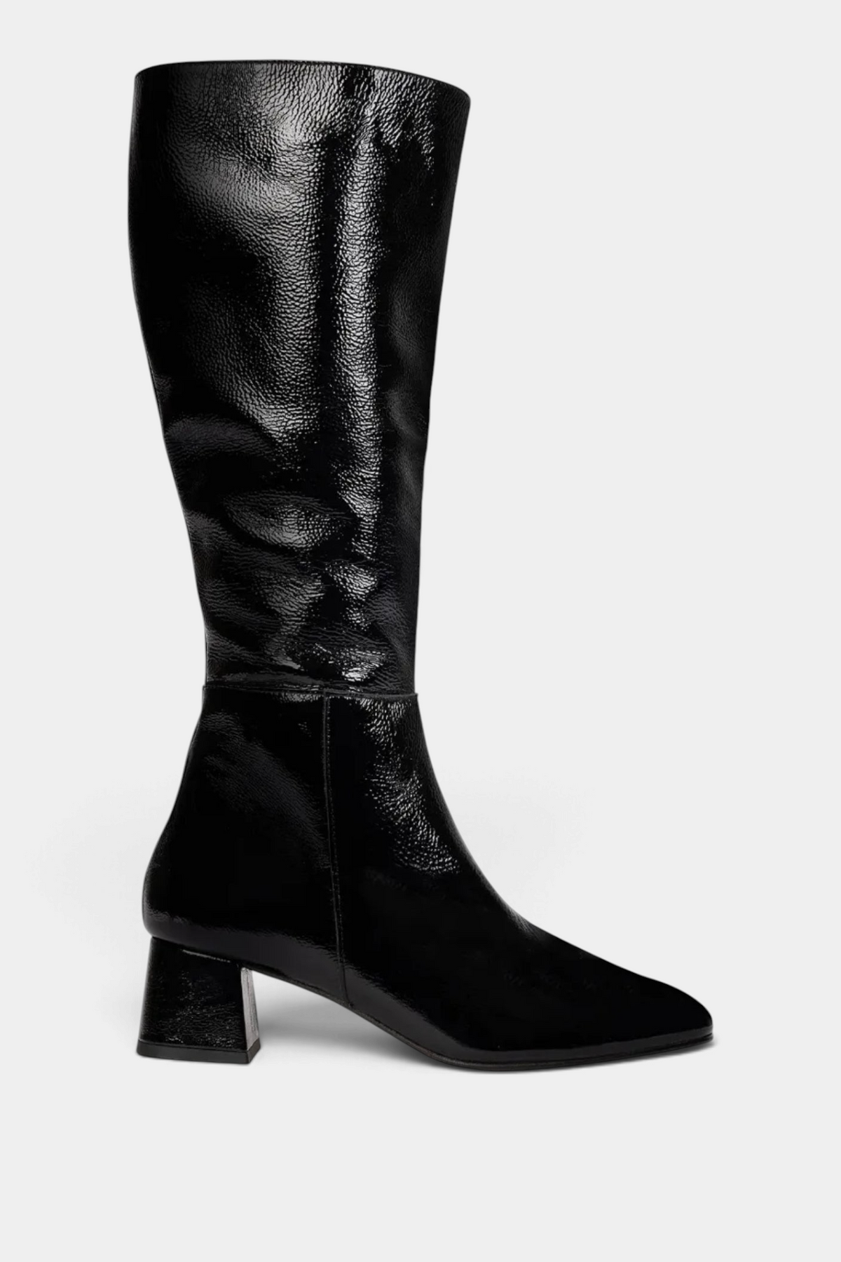 The Copper Shed Sinatra black patent leather knee-high boot with a square toe and mid block heel.