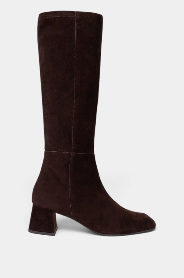 The Copper Shed Sinatra black suede knee-high boot with a square toe and mid-height block heel.