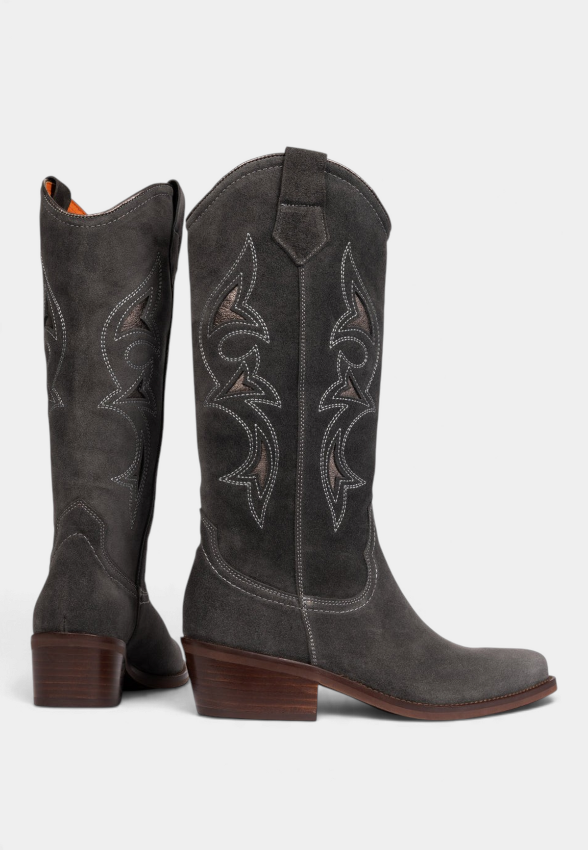 The Copper Shed Goldie Paloma slate oiled suede cowboy boots with metallic cut-out detailing and a Cuban heel.