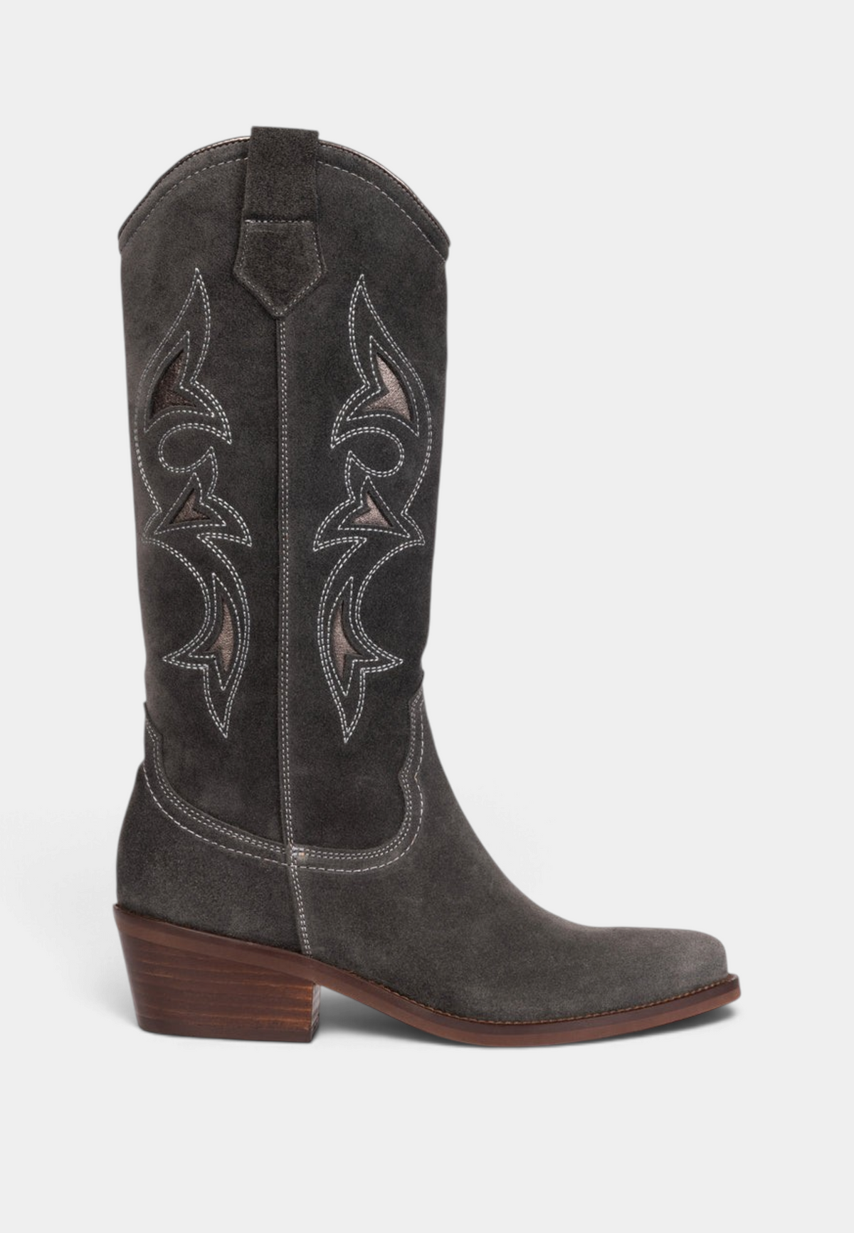 The Copper Shed Goldie Paloma slate oiled suede western boot with pewter metallic cut-out detailing and Cuban heel.