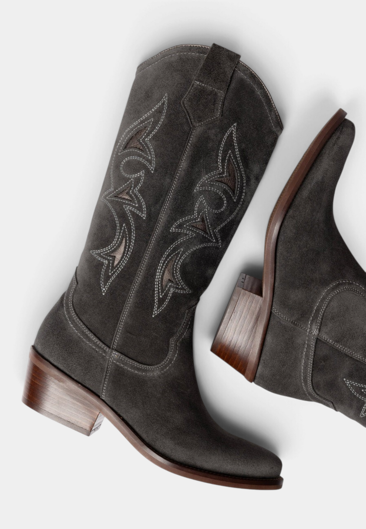 The Copper Shed Goldie Paloma slate oiled suede western boots with pewter metallic cut-out details and Cuban heel.