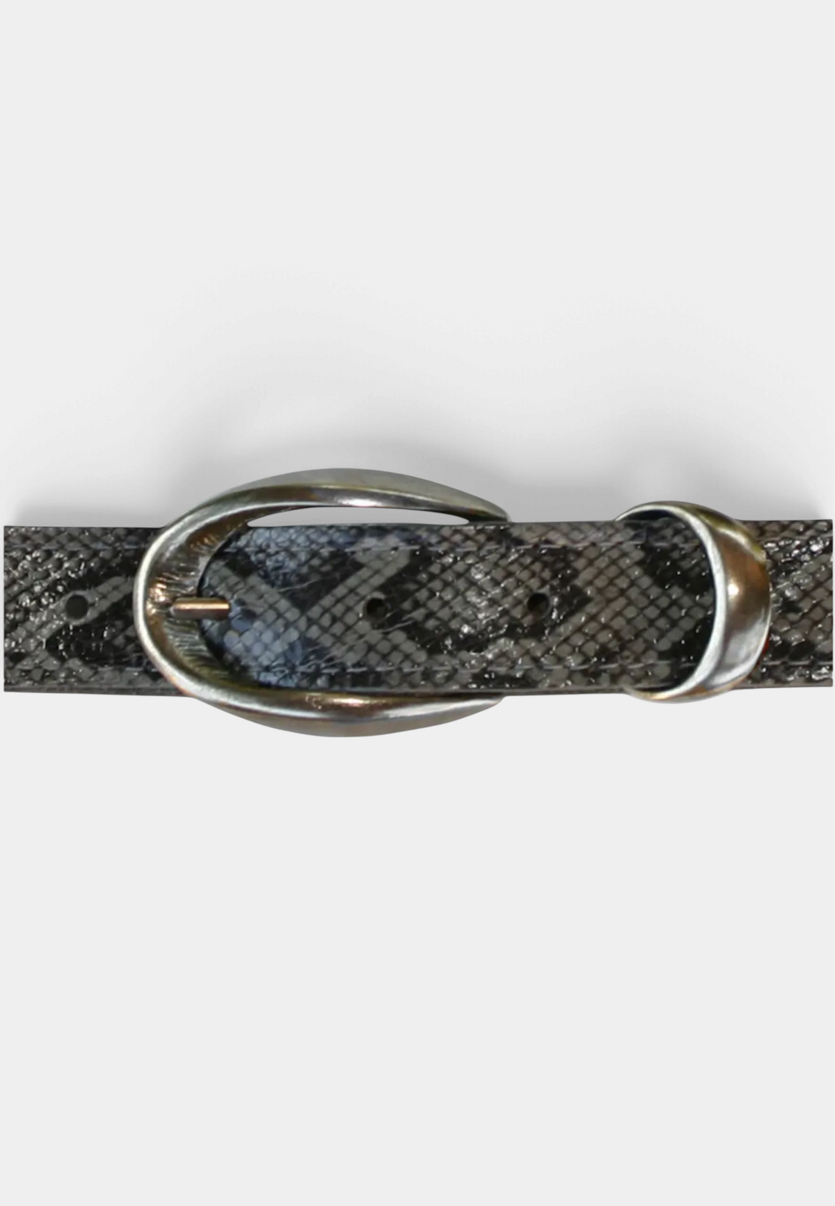 The Copper Shed thin leather belt with a snakeskin pattern, featuring an etched antique brass buckle and cast keeper.