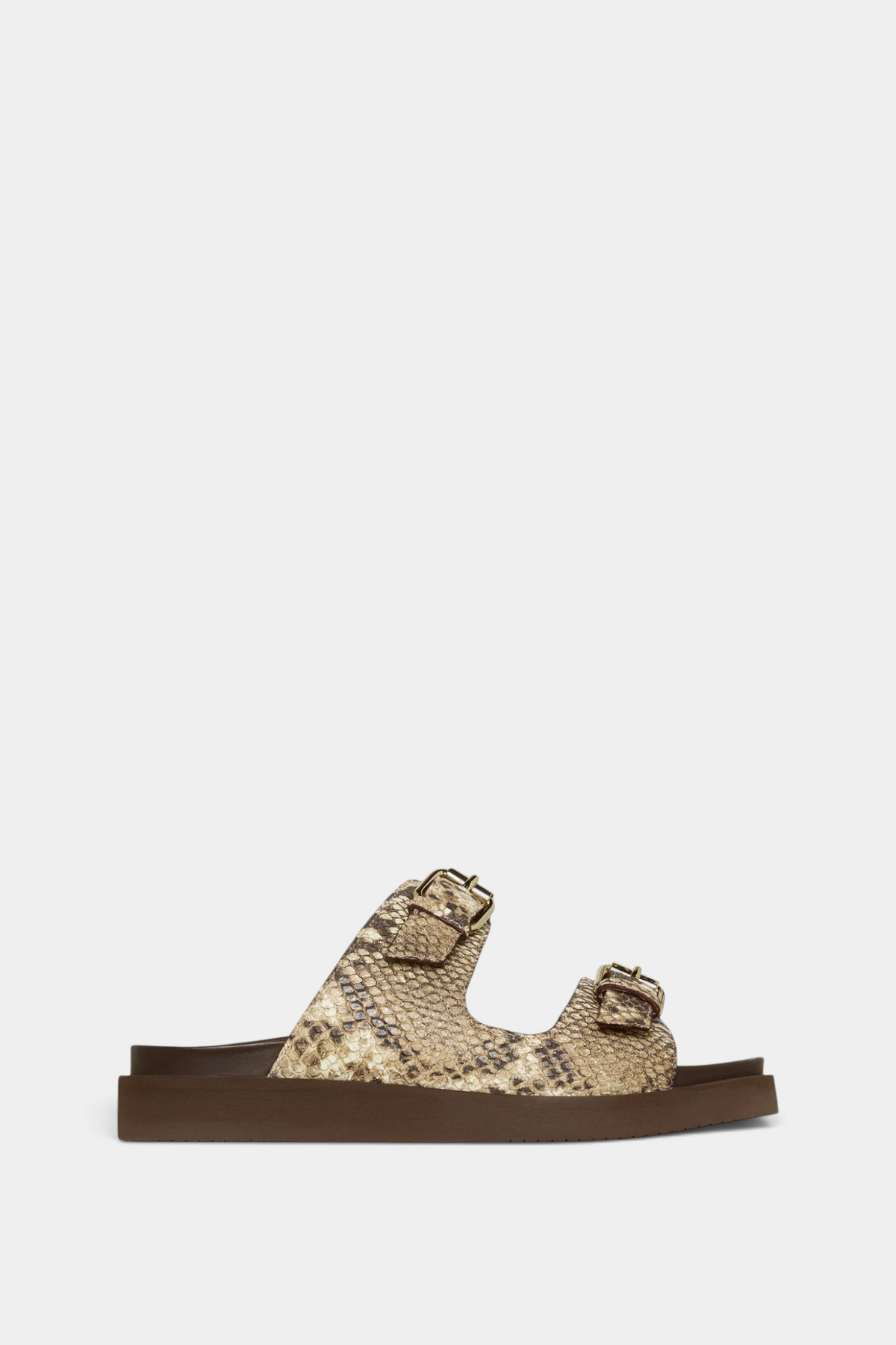 The Copper Shed double buckle platform slides in snakeskin-stamped Italian calf leather with a brown rubber sole.