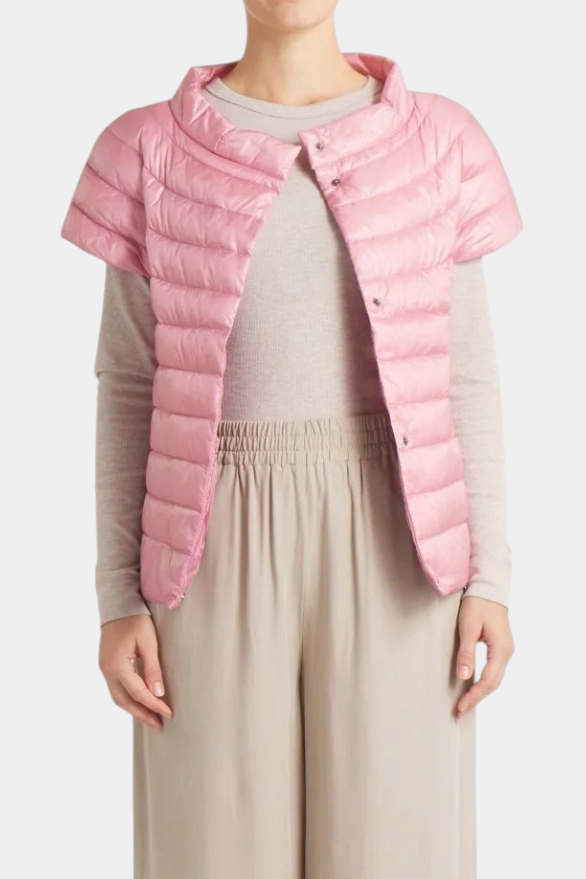 The Copper Shed St Barts light pink down vest with short sleeves, hidden press buttons, and glossy nylon finish.