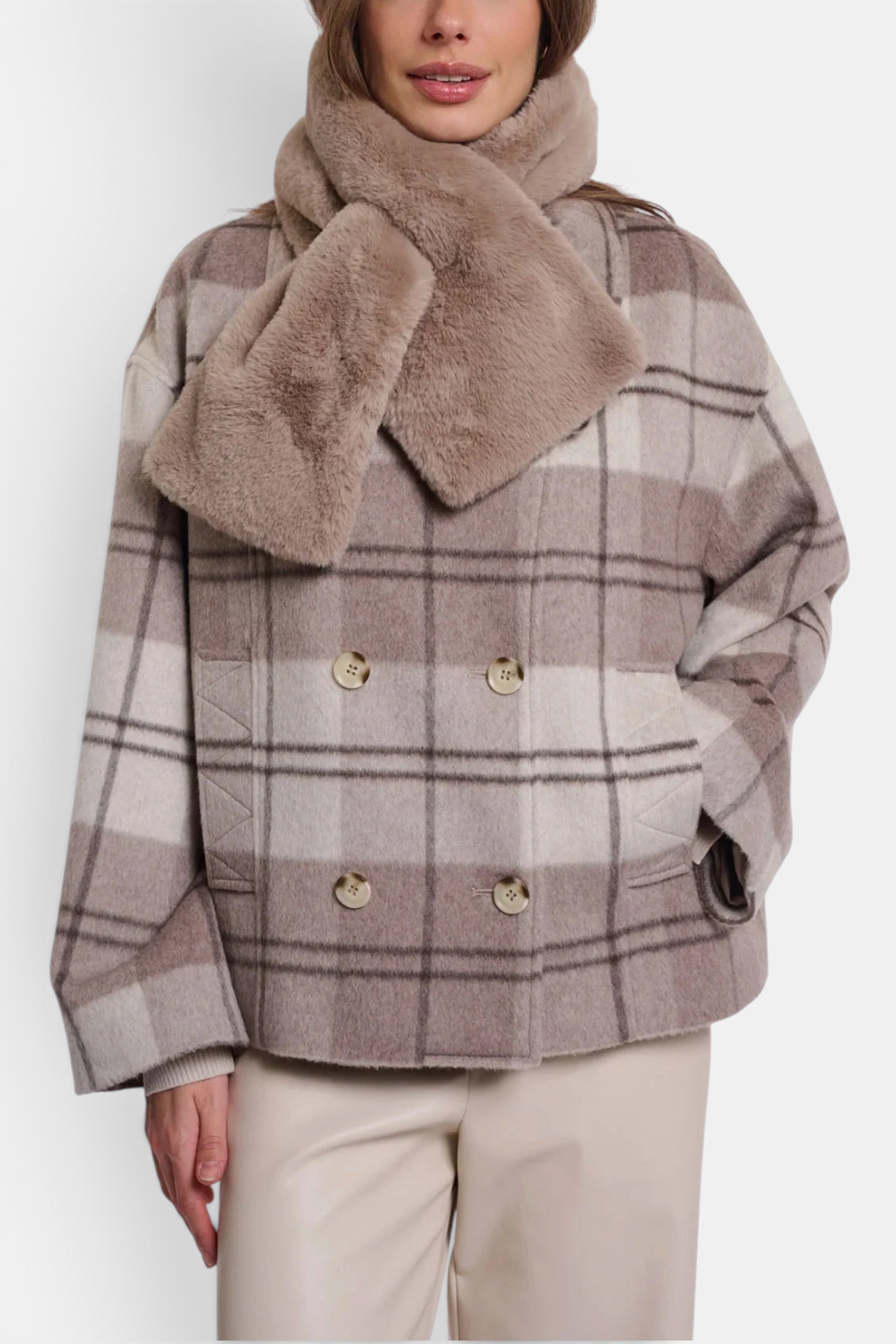 The Copper Shed Stip taupe faux fur scarf worn over a plaid jacket with a pull-through loop detail.