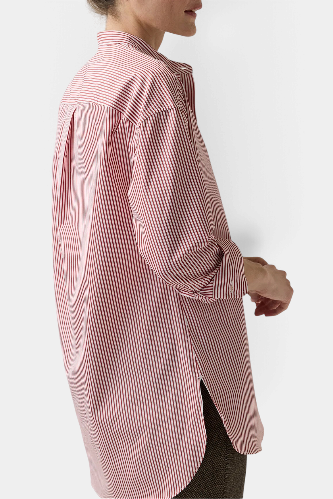 The Copper Shed Christiane tunic in red and white striped Italian cotton poplin with a mandarin collar and high-low hem