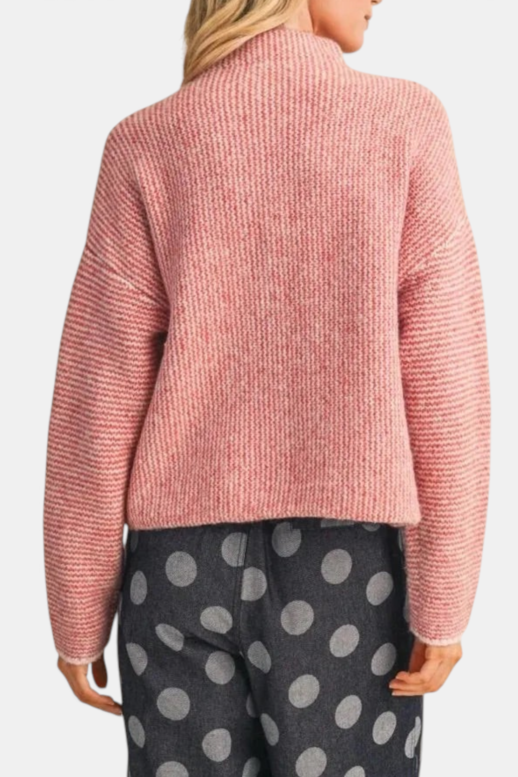 Back view of The Copper Shed striped mockneck cardigan in pink, featuring a relaxed fit and ribbed knit texture.