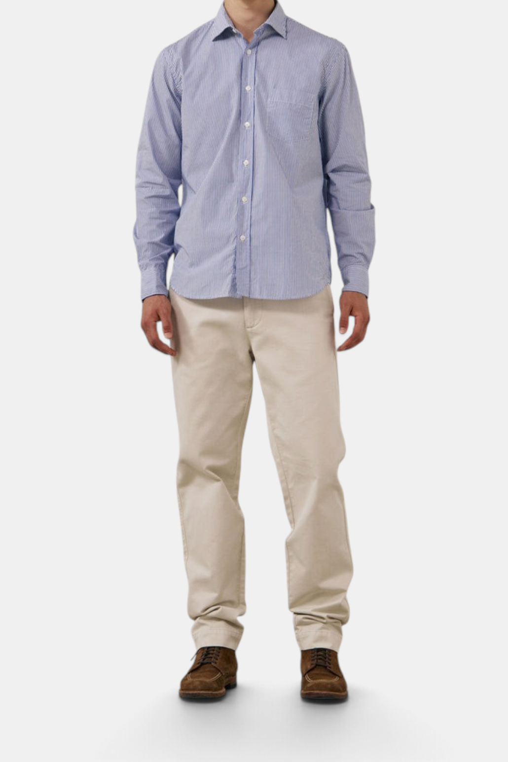 The Copper Shed blue and white striped cotton poplin shirt with a semi-spread collar and chest pocket.