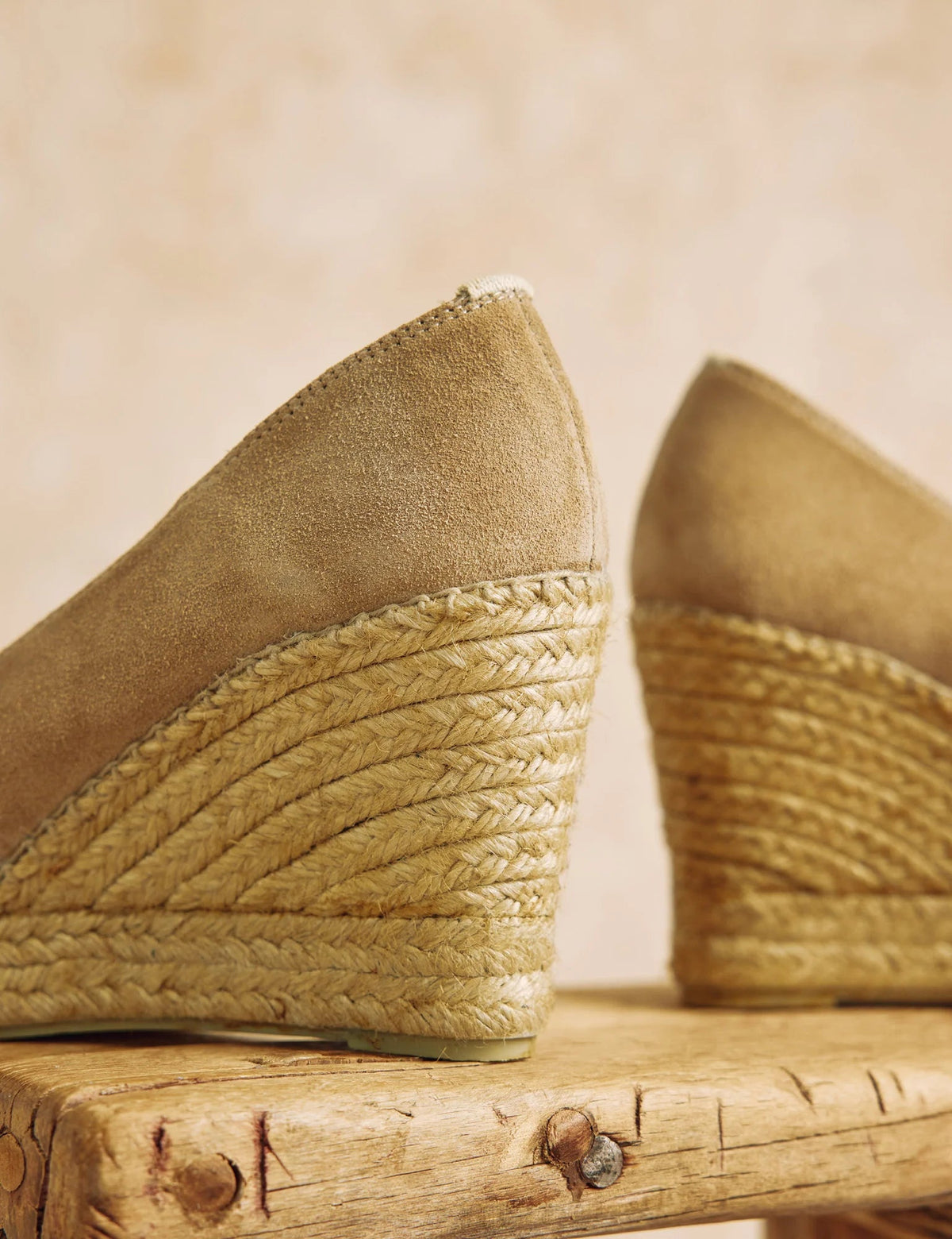 The Copper Shed Colina suede espadrille wedge with traditional jute-wrapped heel and artisanal hand-stitched detail.