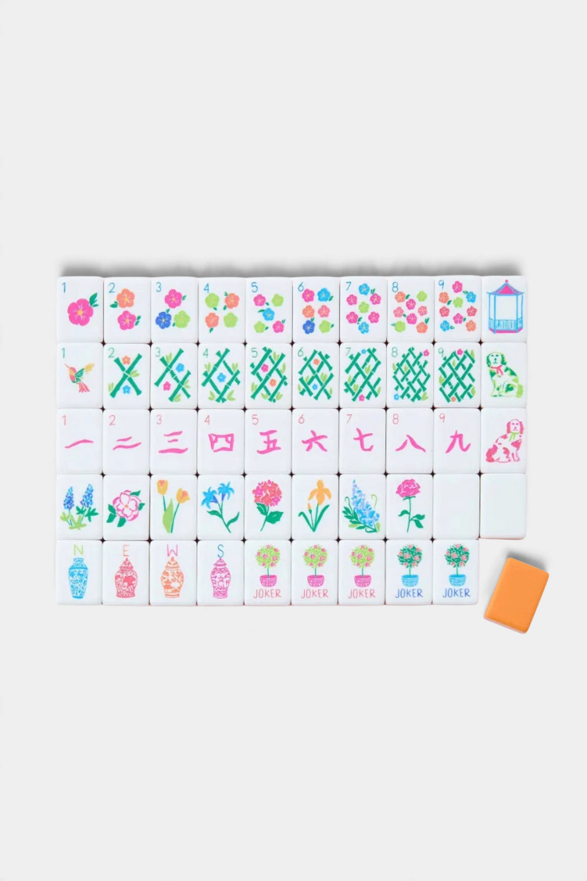 The Copper Shed Sunset Tiles set featuring vibrant floral and patterned acrylic mahjong tiles in coral and neon pink.