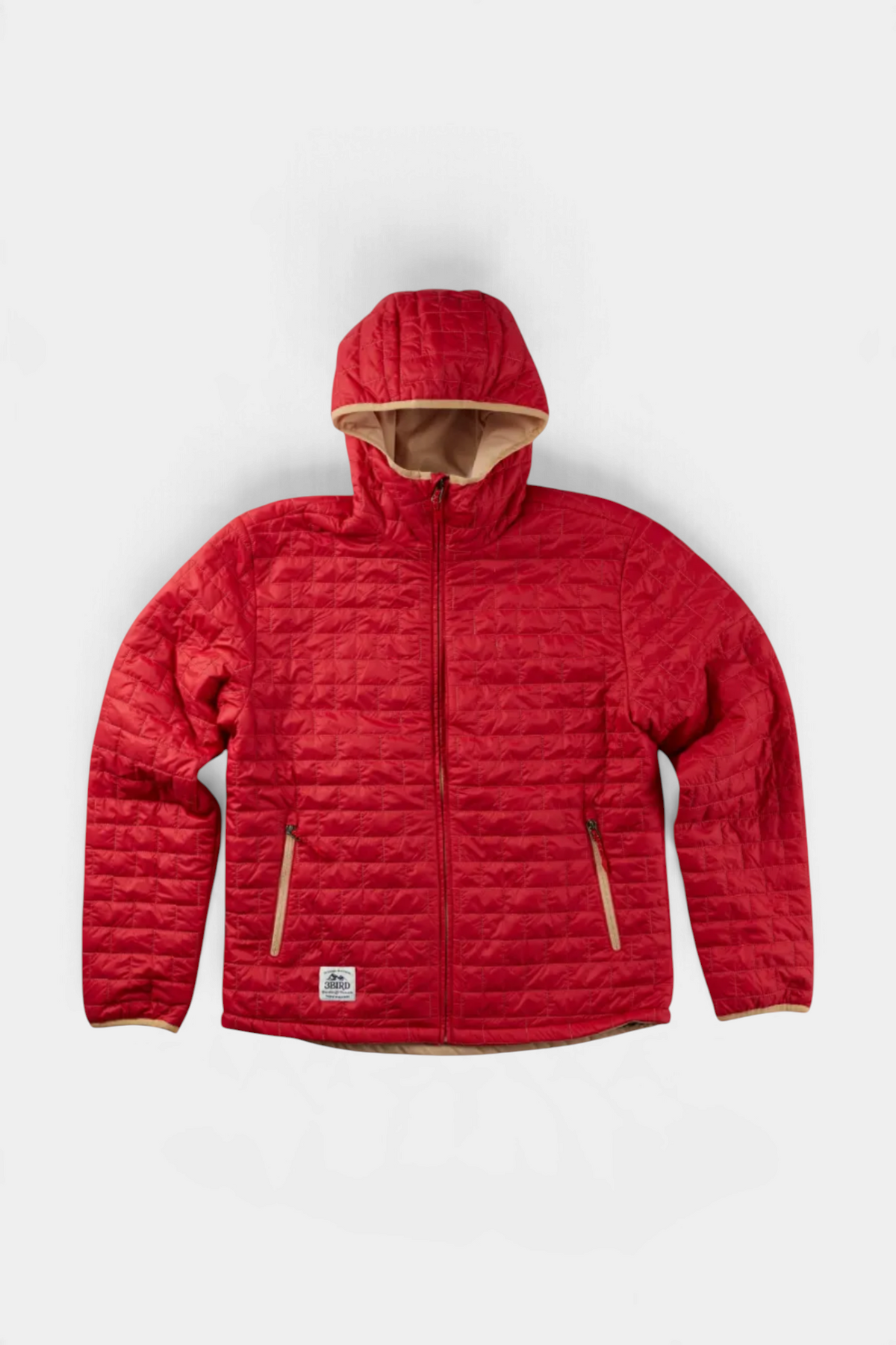 The Copper Shed Switch reversible insulated jacket in red with a beige interior, hood, and quilted nylon fabric.