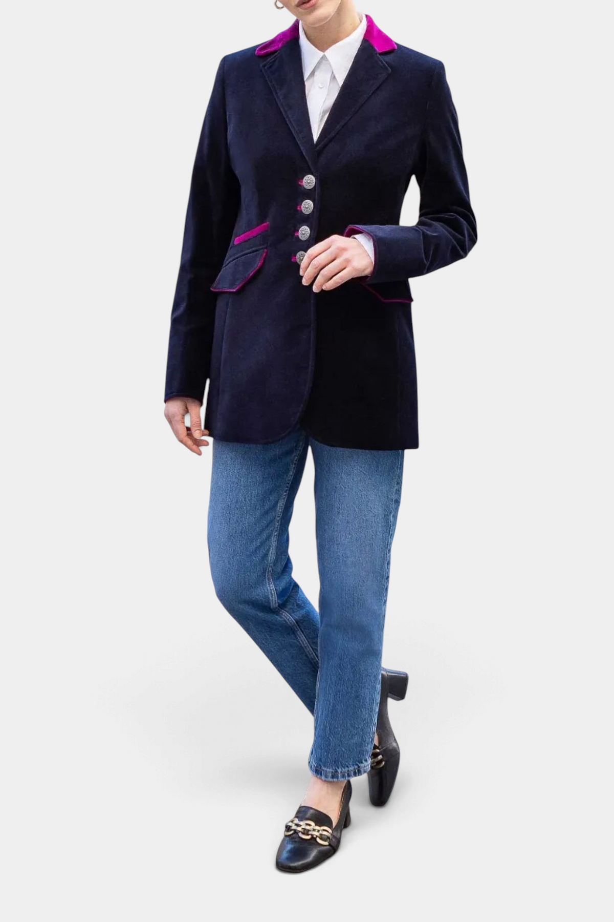 The Copper Shed Tamara Austrian velvet blazer in navy blue with deep purple and pink trim and silver buttons