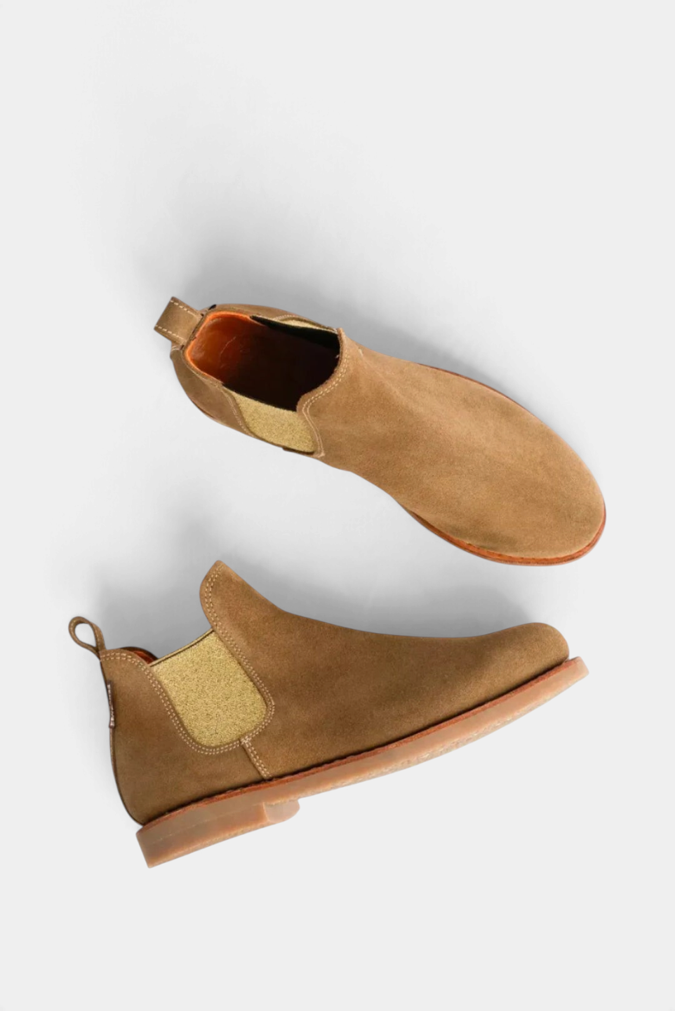 The Copper Shed tan oiled suede Chelsea boots with elastic side panels and durable crepe rubber soles.
