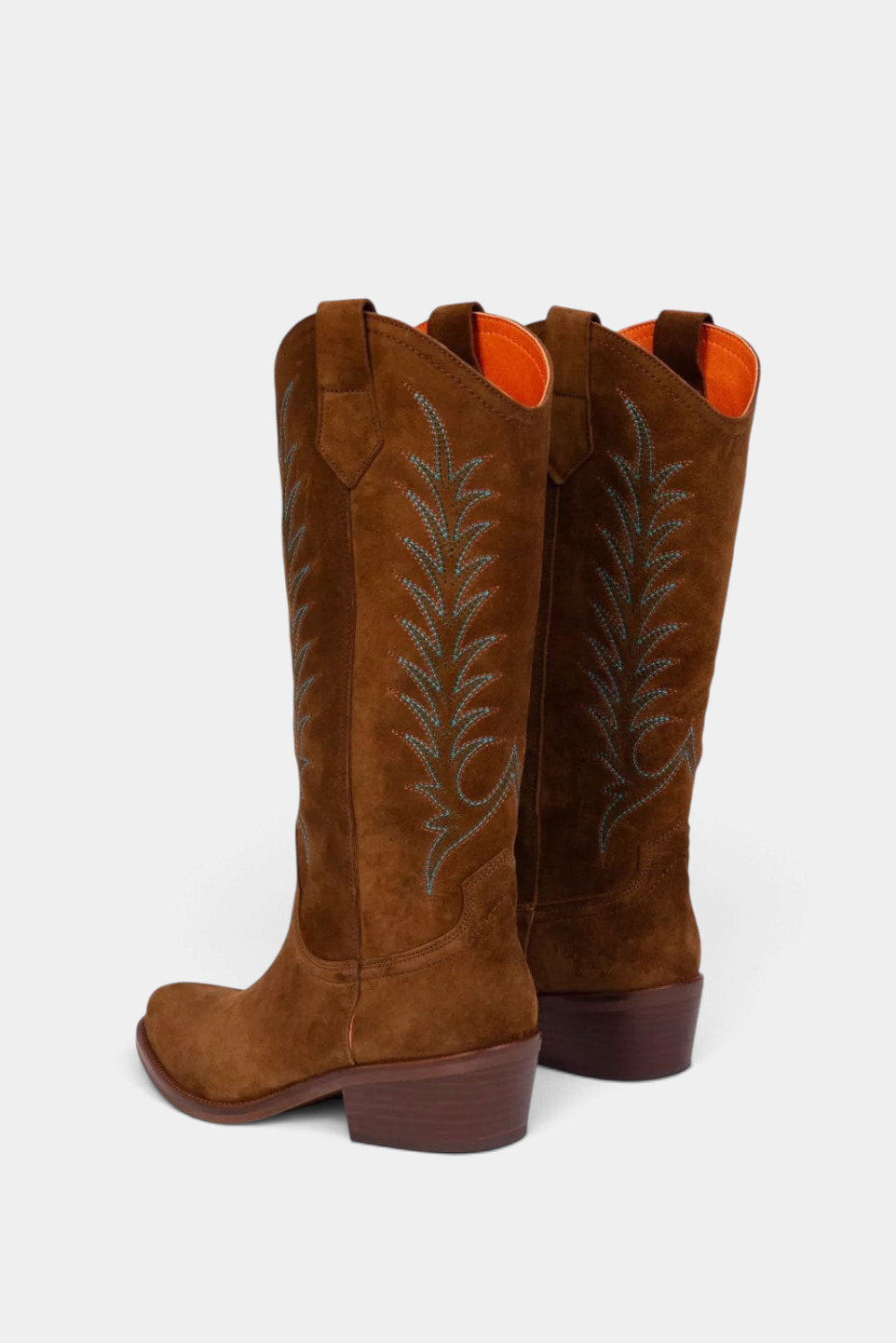 The Copper Shed Goldie mid-calf tan suede cowboy boots with teal embroidery and Cuban heel, back view.