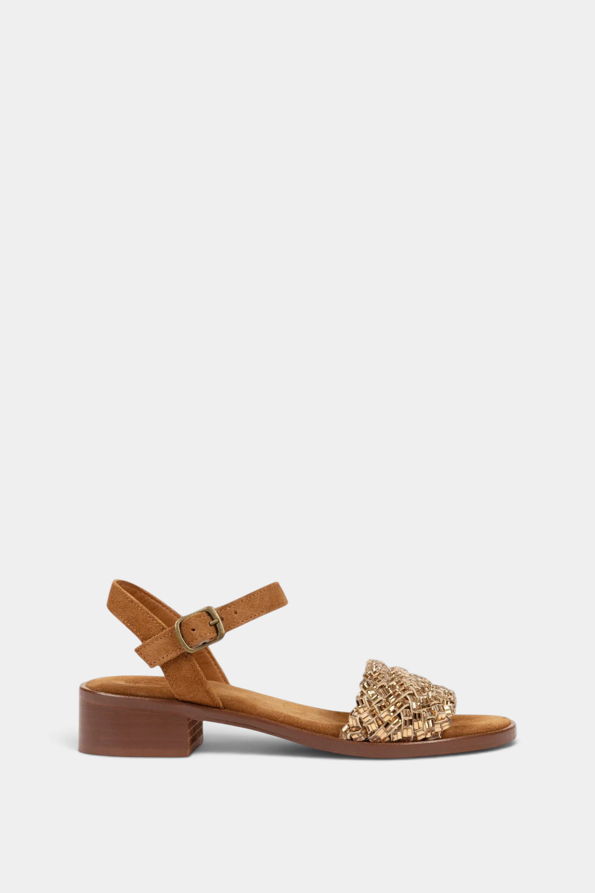 The Copper Shed Milos tan suede sandal with diamante trim, ankle strap, and a 3cm block heel.