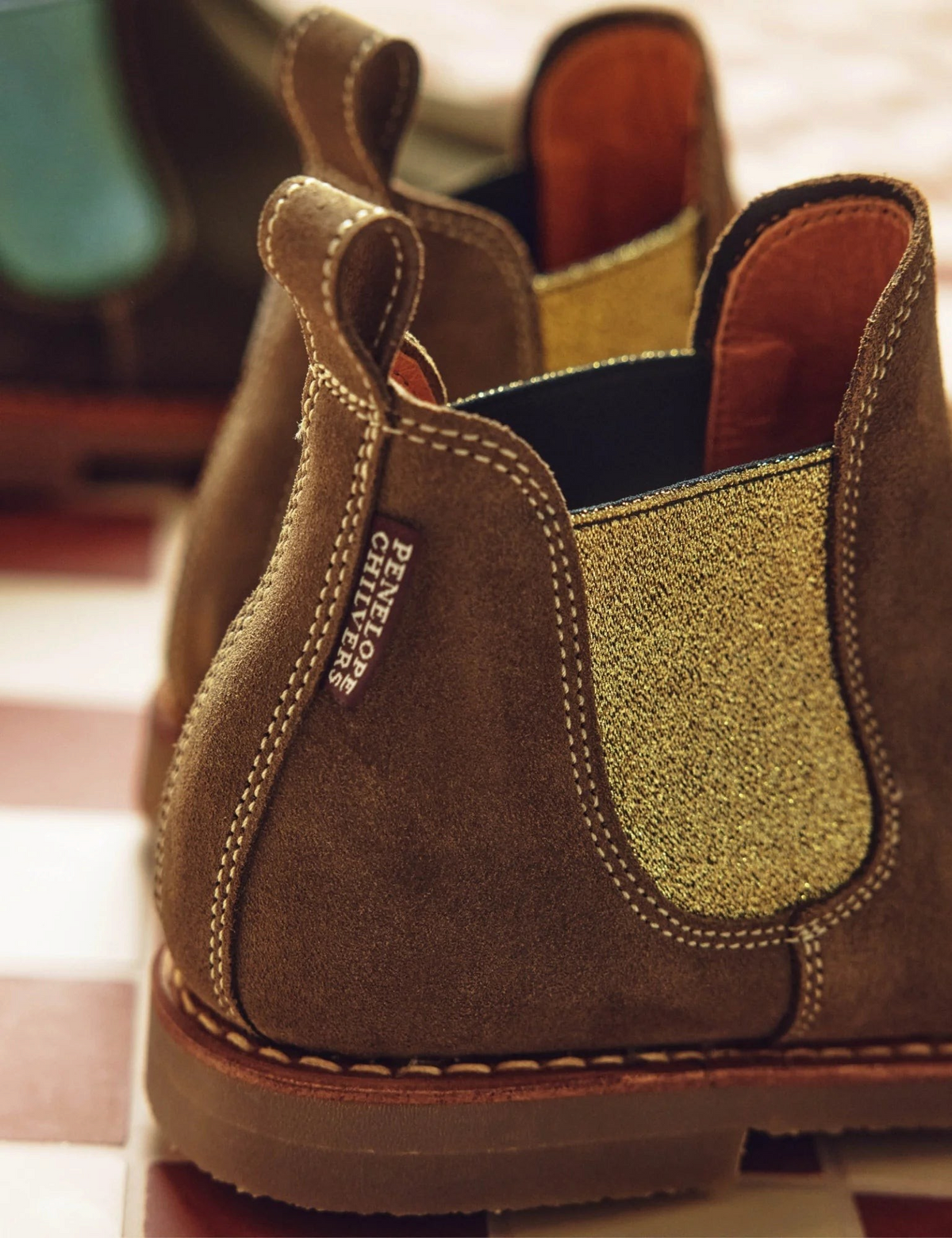 The Copper Shed Safari Suede Boot in tan with gold elastic side panels and contrast stitching detail.