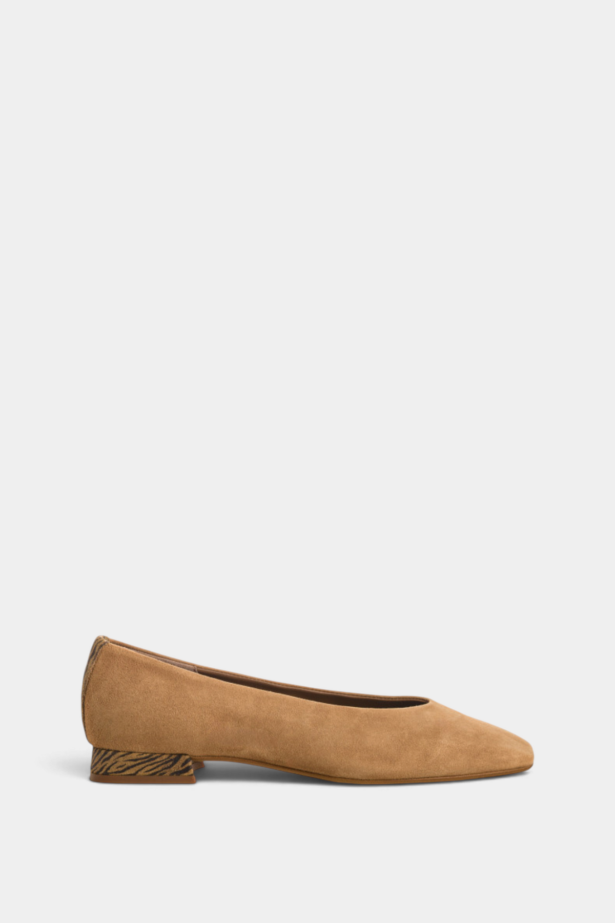 The Copper Shed Thea suede ballerinas in tan with a pointed toe and a low heel featuring a zebra-print accent.