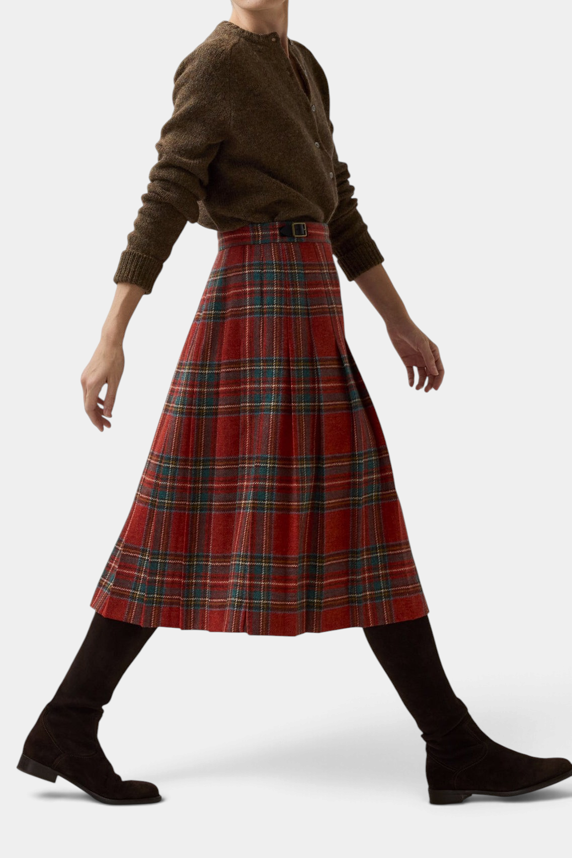 The Copper Shed Royal Stewart tartan wool kilt skirt with adjustable leather hip straps worn with brown boots