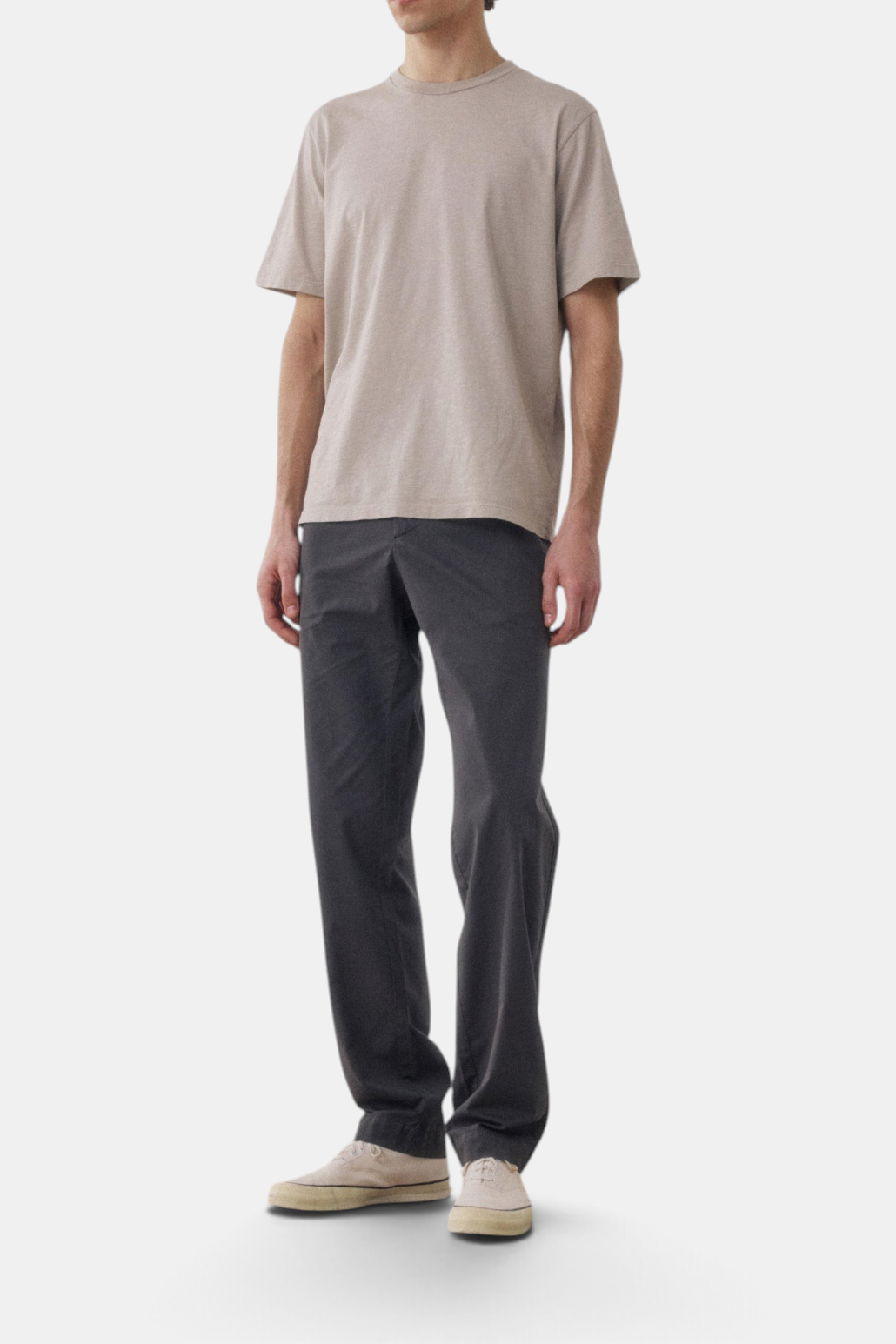 The Copper Shed Taylor chino pants in charcoal grey cotton with a straight-leg fit and flat waistband.