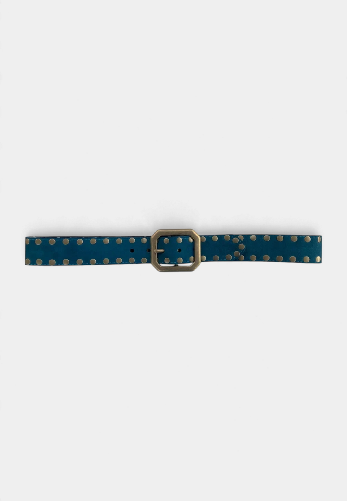 The Copper Shed teal suede belt with a rectangular squared-off buckle and metallic stud detailing.
