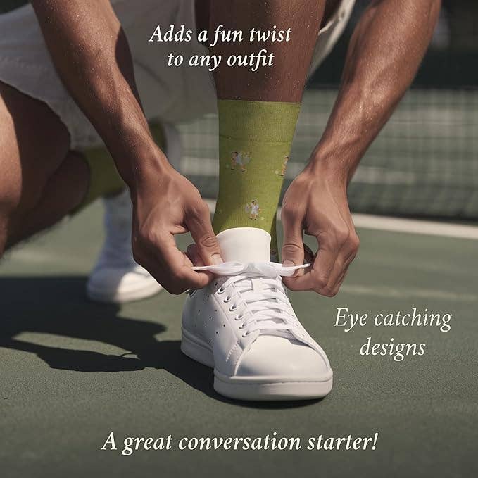 The Copper Shed Tennis Tantrum novelty socks in olive green cotton worn with white sneakers on a tennis court