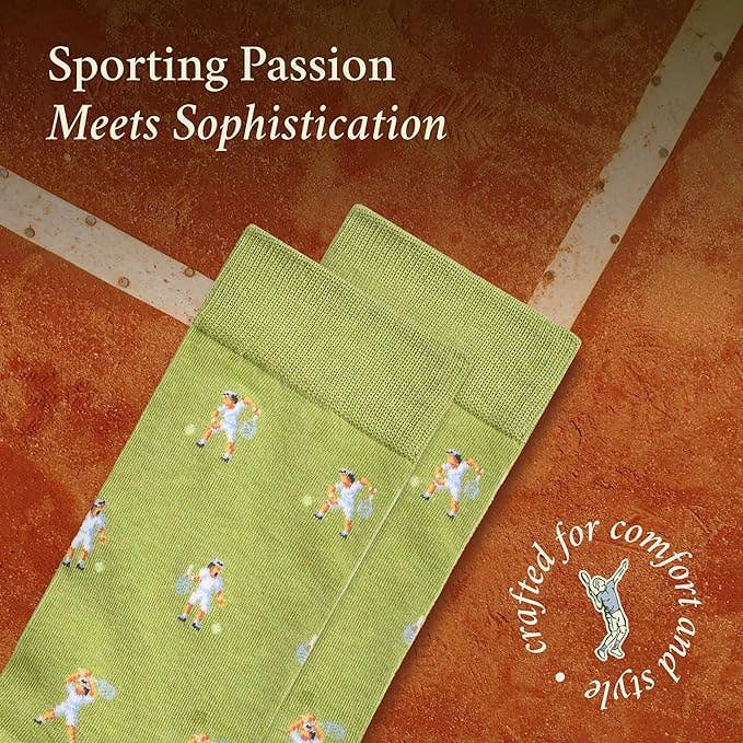The Copper Shed Tennis Tantrum novelty socks in light green cotton blend featuring a tennis player pattern