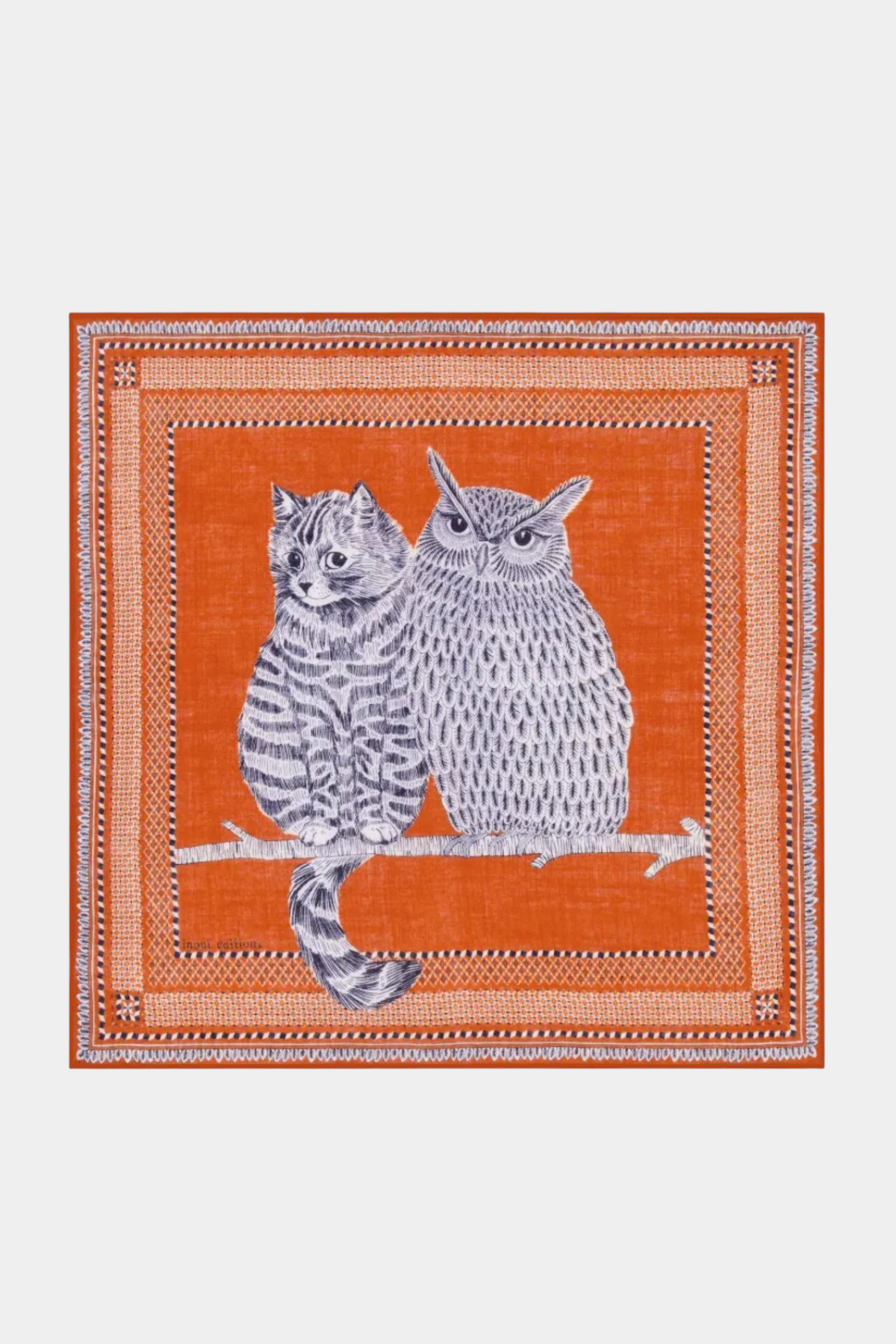 The Copper Shed Square 70 Chouette terracotta wool scarf featuring a detailed illustration of a cat and owl on a branch