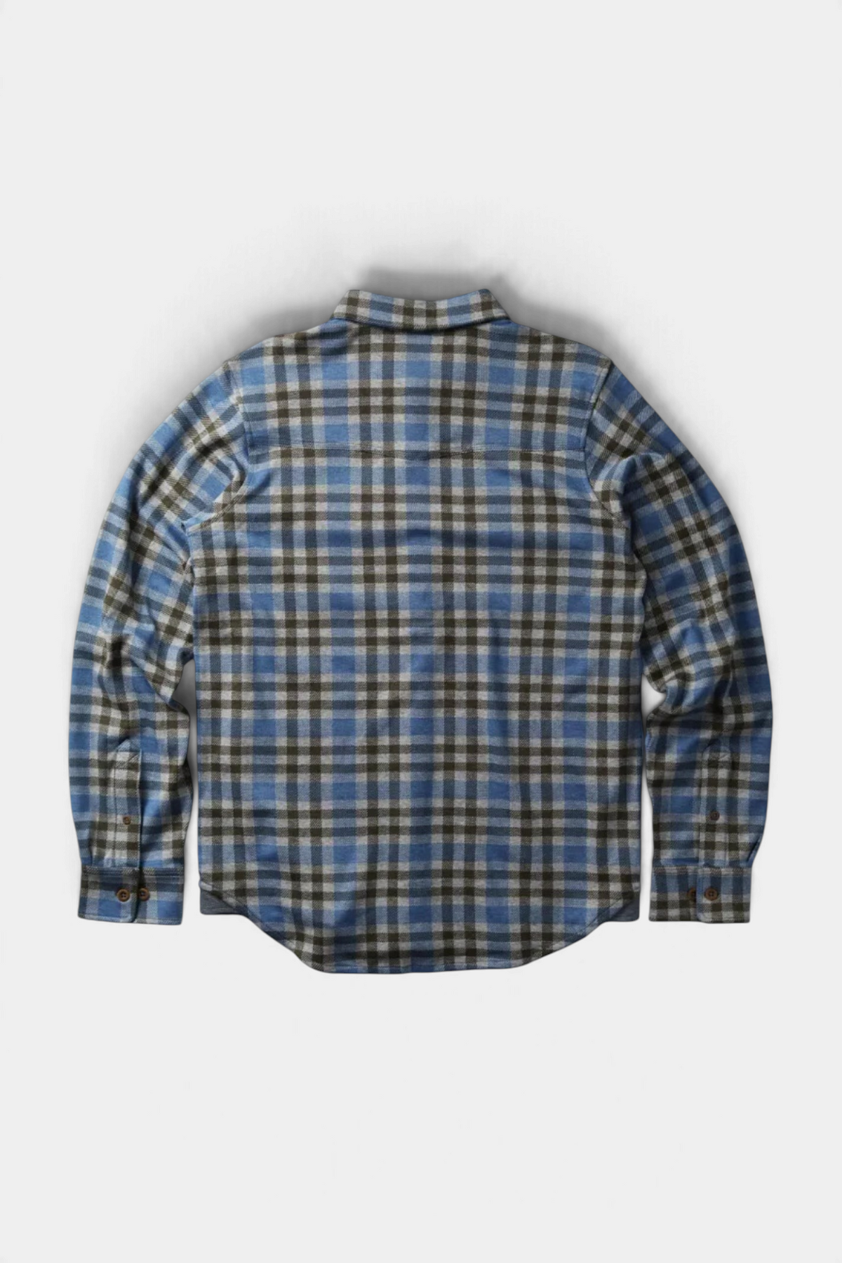 The Copper Shed Tidal knit shirt in a blue and grey plaid cotton modal blend with a classic fit and long sleeves.