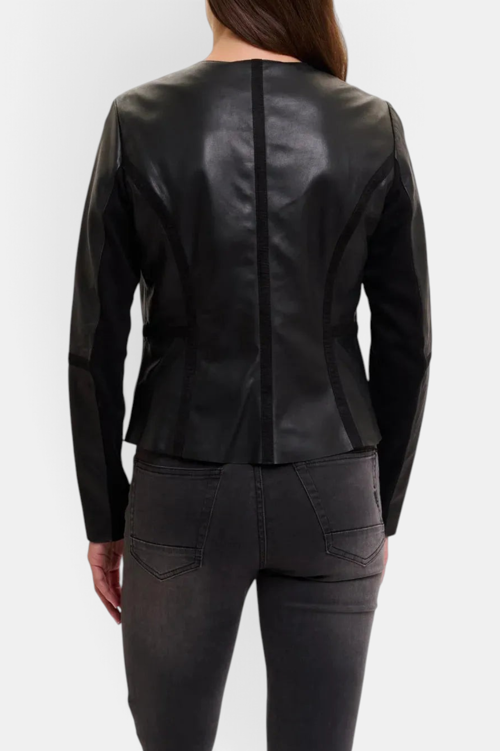 The Copper Shed Torri black lamb leather jacket with round neckline and suede-look detailing, back view