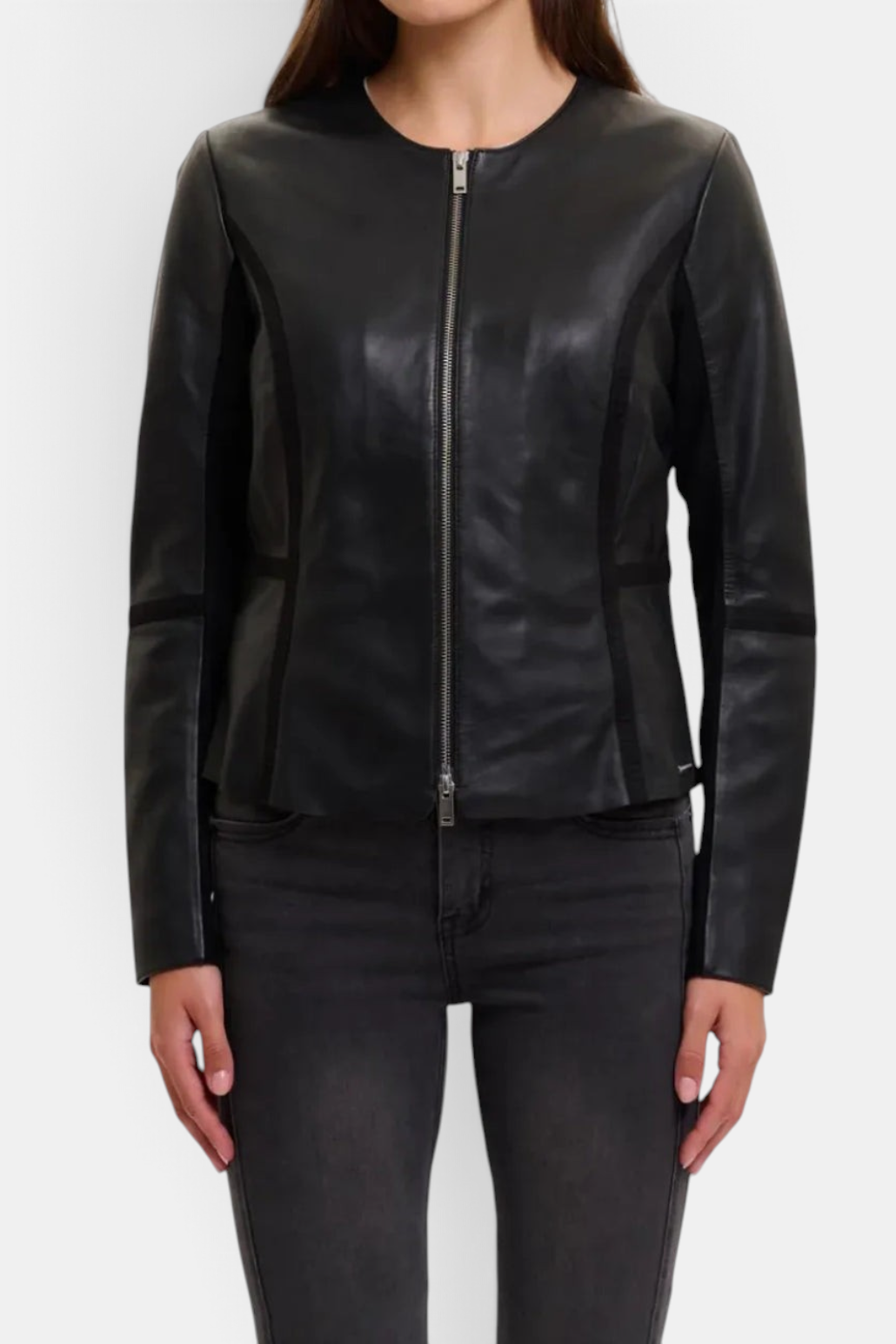 The Copper Shed Torri black lamb leather jacket with a round neckline, zip-front closure, and suede-look detailing.