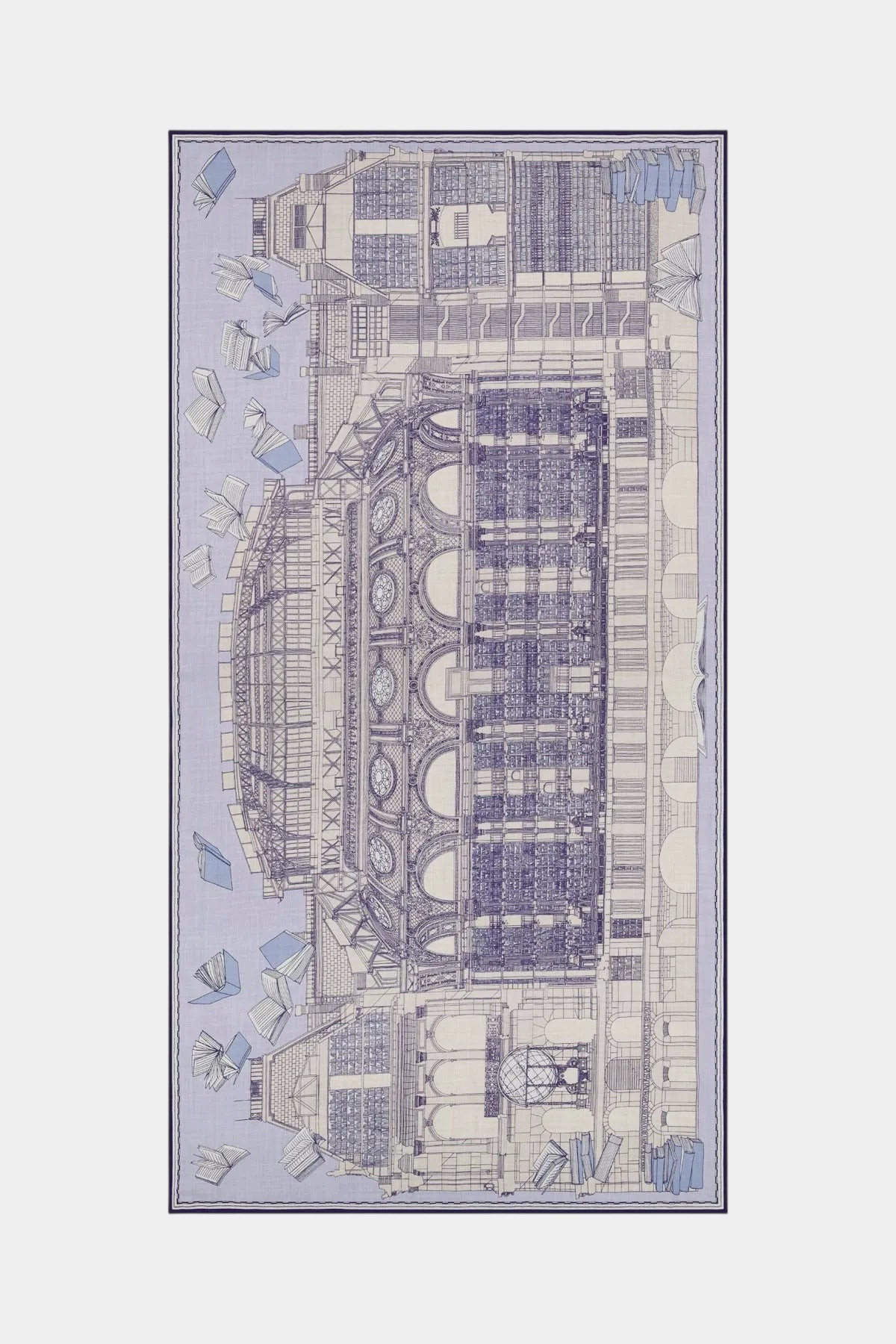 The Copper Shed Vivienne grey wool scarf featuring a detailed architectural illustration of a library with flying books