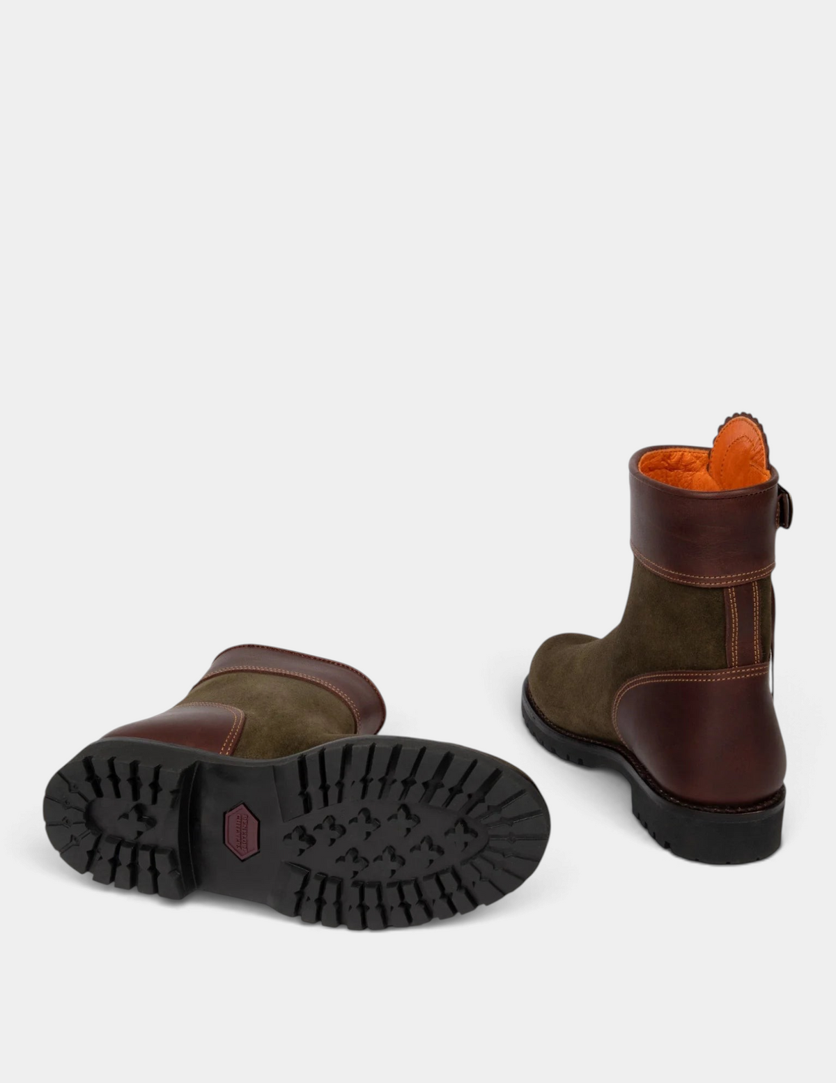 The Copper Shed Inclement cropped waterproof suede boots in olive and brown with a rugged tread sole