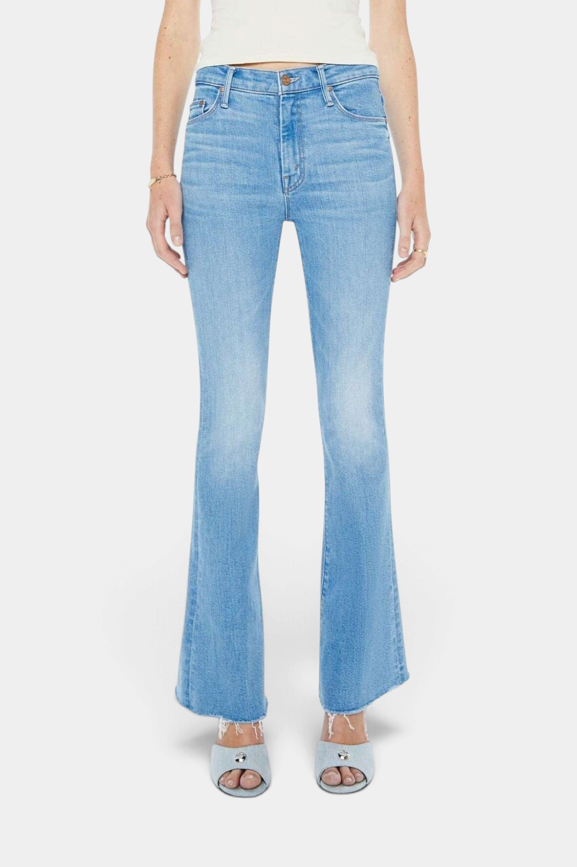 The Copper Shed The Weekender Fray light blue mid-rise flare jeans with frayed hem and subtle knee fading