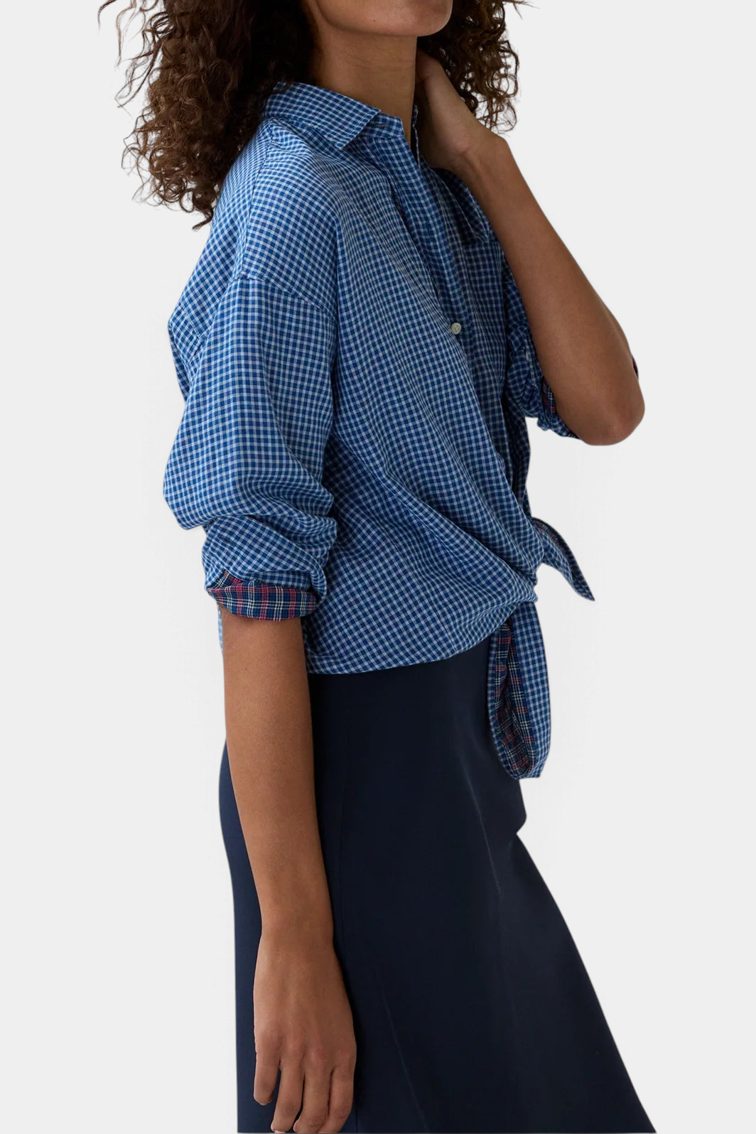 The Copper Shed Weekender Shirt in blue Japanese double-weave cotton with a point collar and tied front detail.