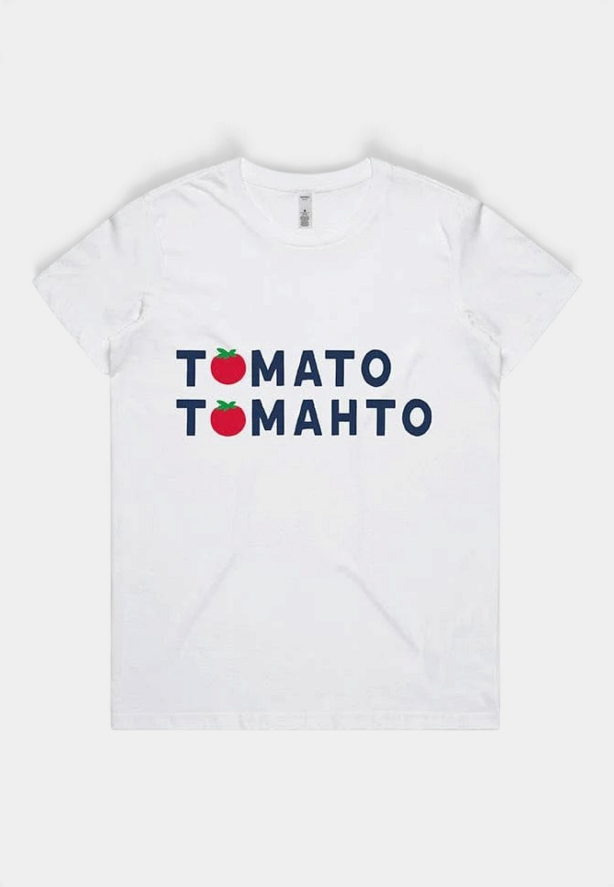 The Copper Shed white graphic t-shirt featuring Tomato Tomahto text with red tomato illustrations